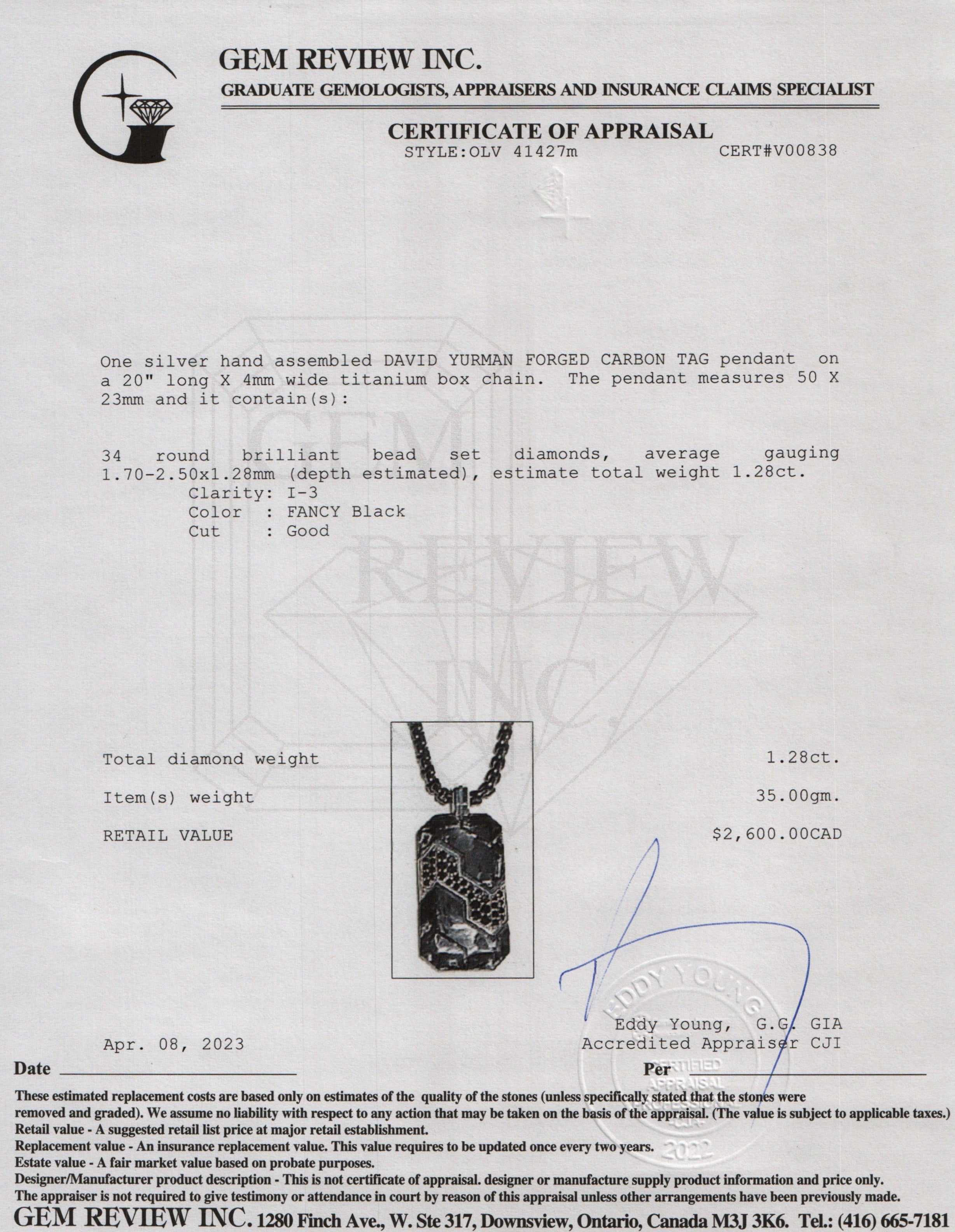 David Yurman Black Diamond Forged Carbon Tag Pendant Necklace