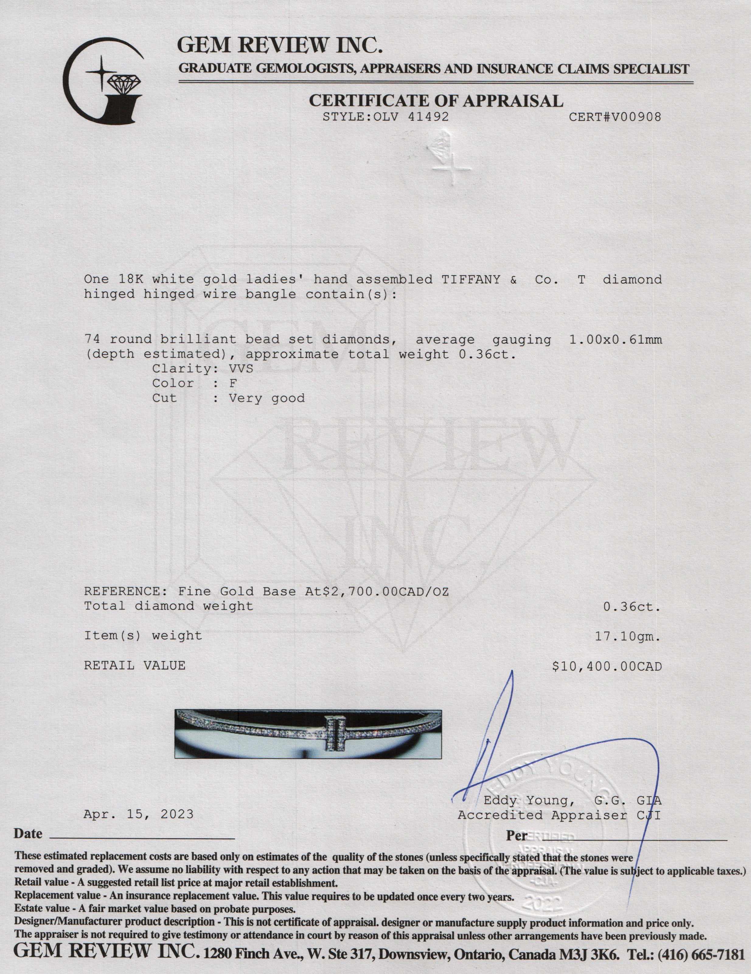 Tiffany & Co. 18k White Gold T Diamond Hinged Wire Bangle w/ Box