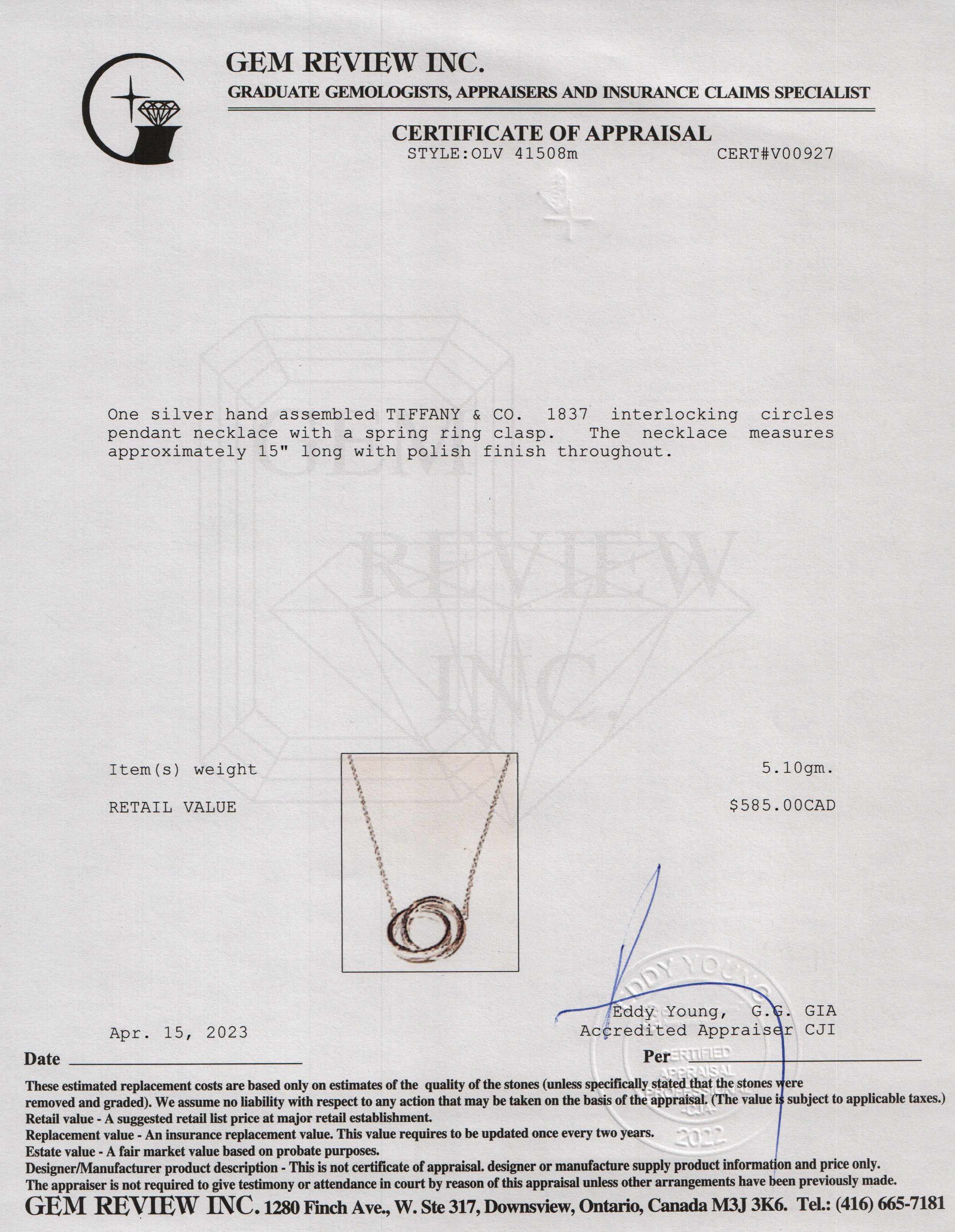 Tiffany & Co. 1837 Interlocking Circles Pendant Necklace w/ Box & Receipt