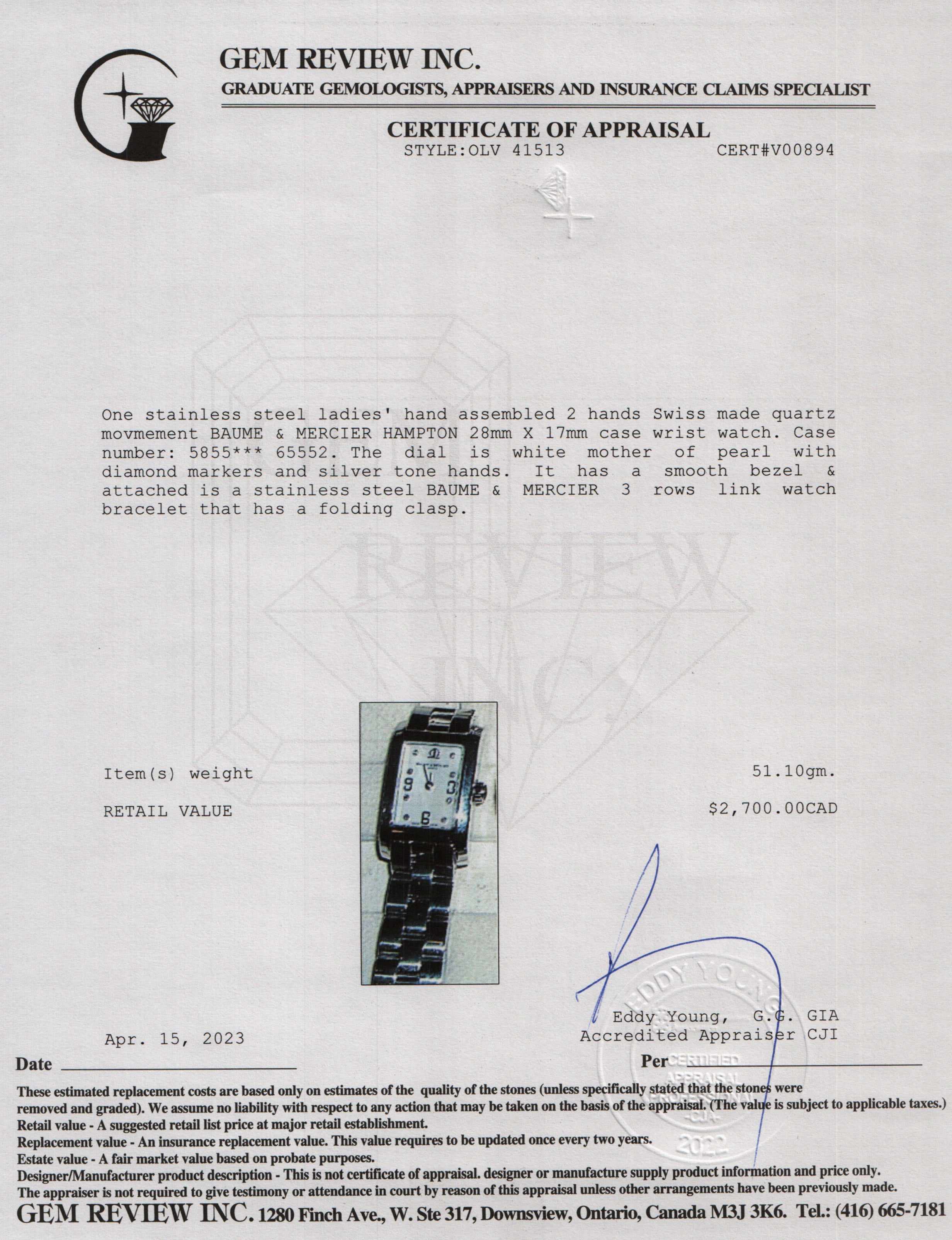 Baume & Mercier Hampton Watch w/ Box & Papers