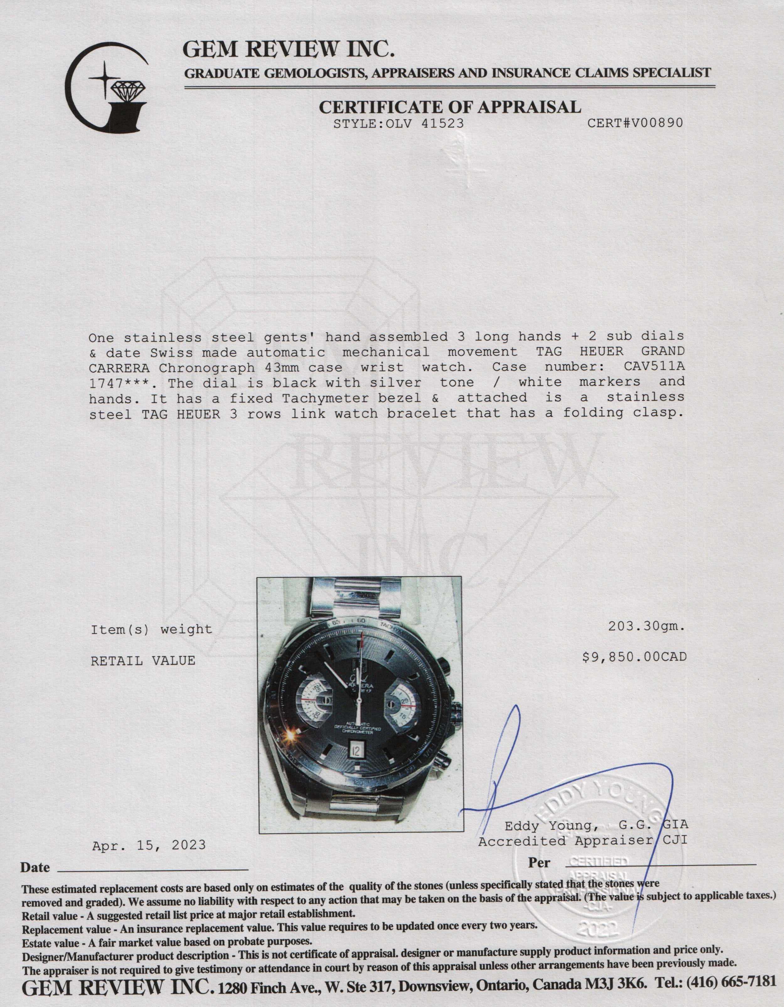 Tag Heuer Grand Carrera Watch w/ Box & Papers