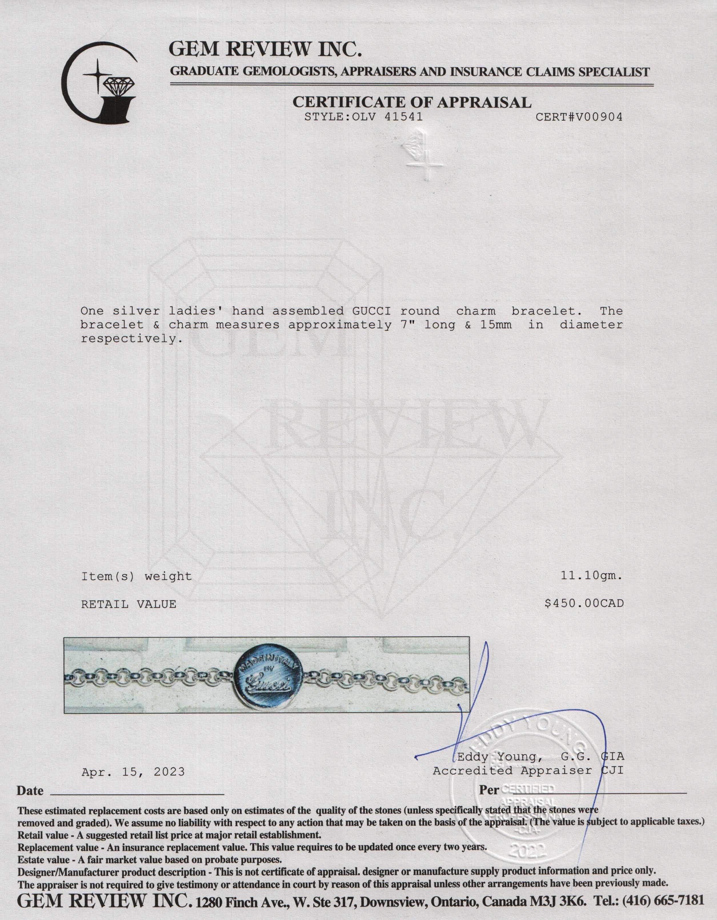 Gucci Sterling Silver Trademark Round Charm Link Bracelet