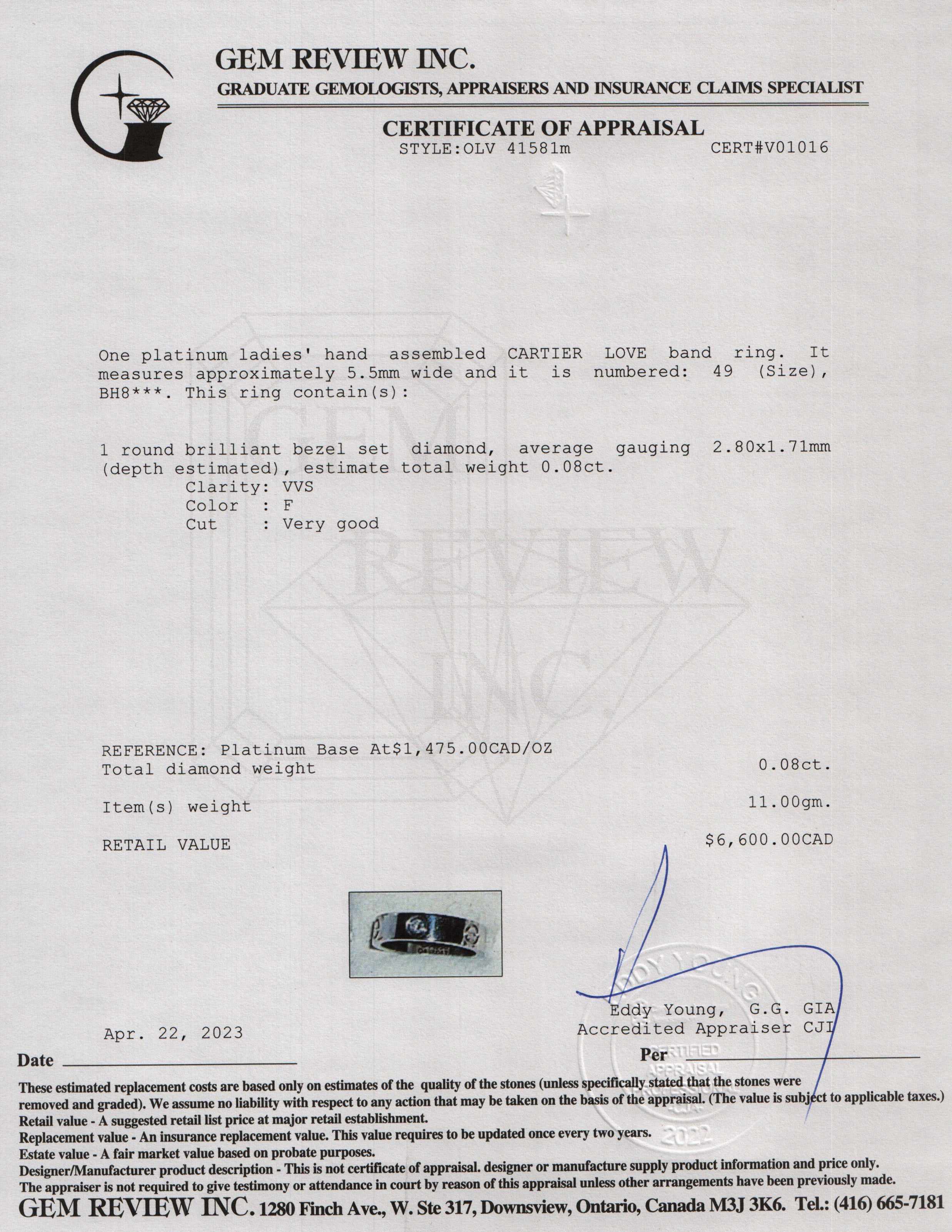 Cartier Platinum 1 Diamond 5.5 mm Love Ring