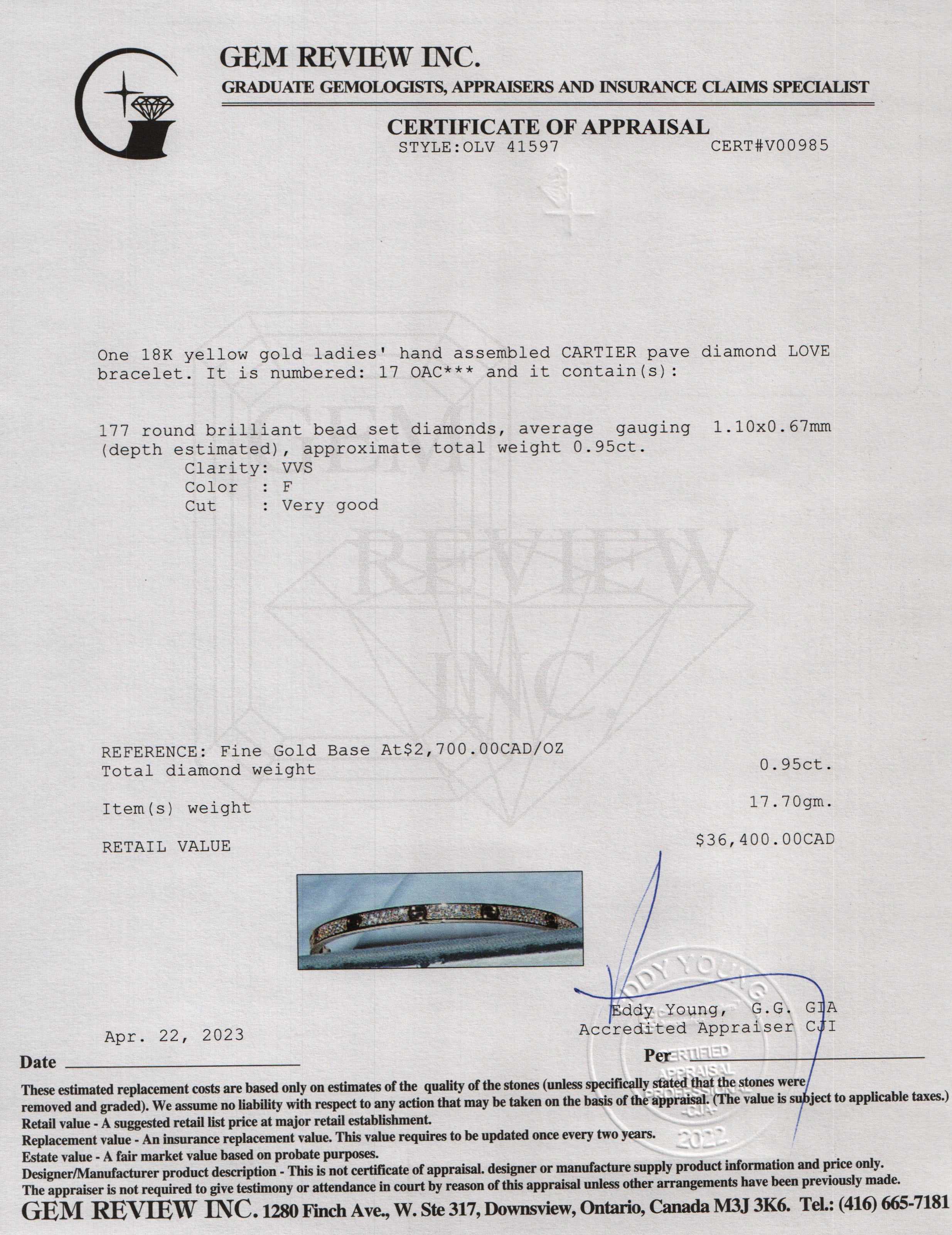 Cartier 18k Yellow Gold Paved Diamond Love Bracelet, Small Model w/ Box & Certificate