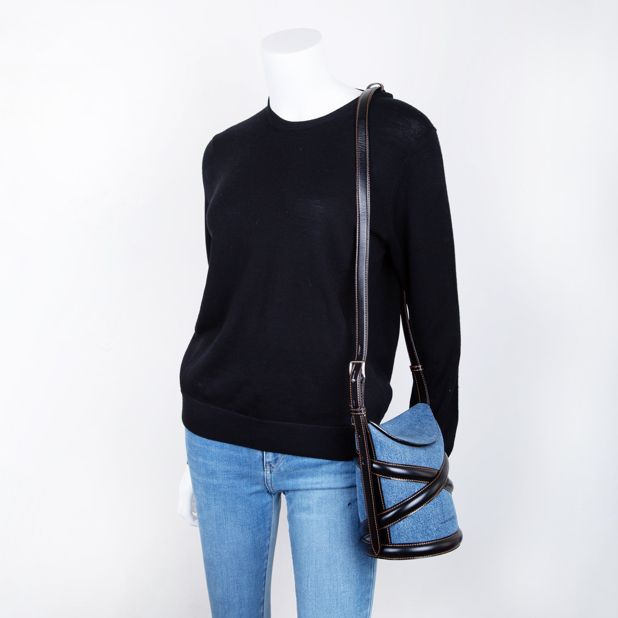 Alexander McQueen Denim The Curve Shoulder Bag w/ Box