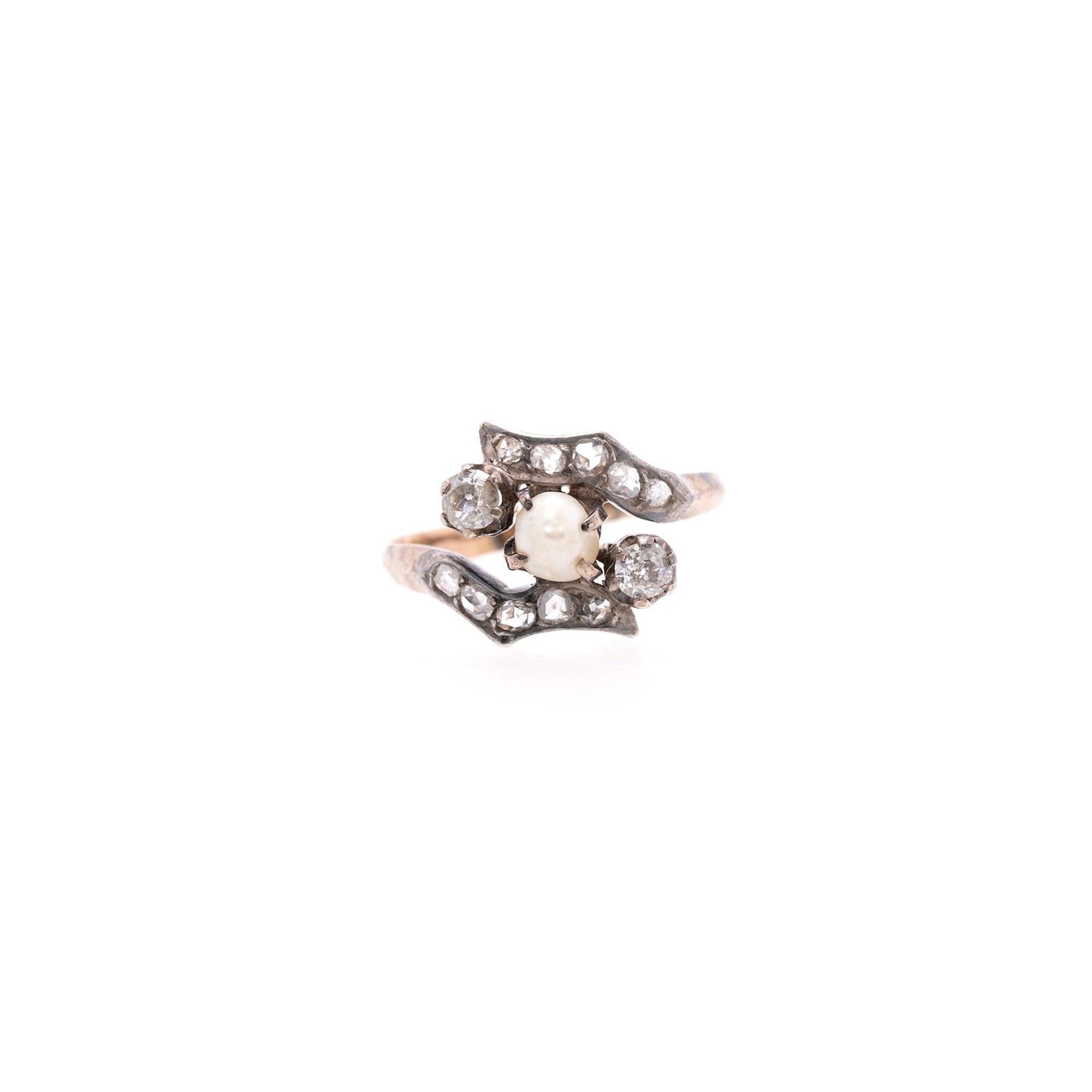Antique 14k White Gold Pearl & Diamond Cocktail Ring