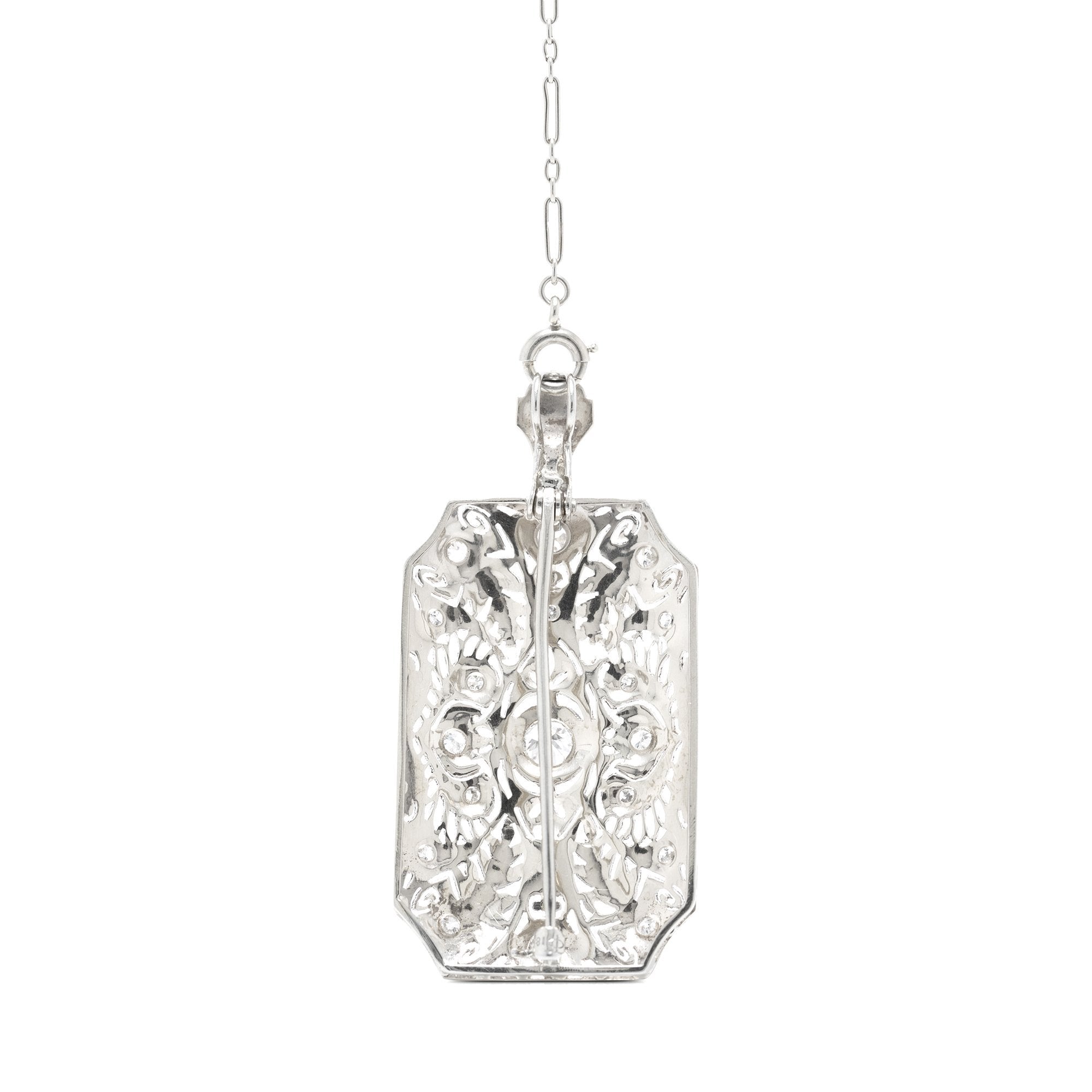 Antique 18k White Gold & Diamond Art Deco Brooch/Pendant Necklace