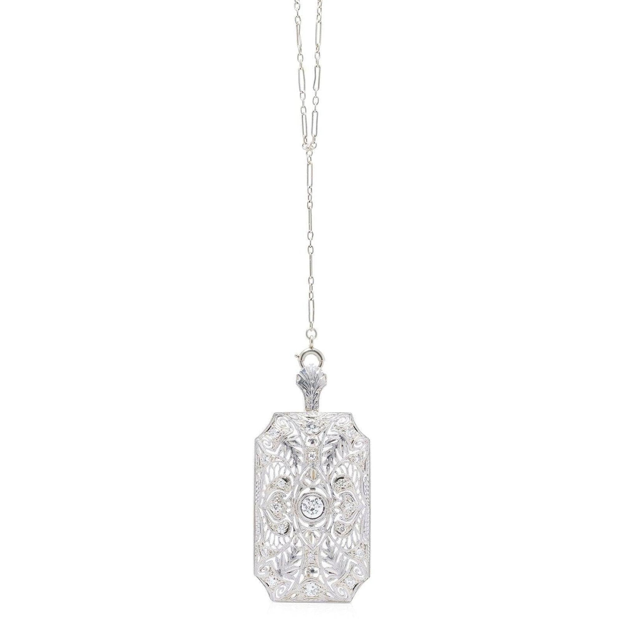 Antique 18k White Gold & Diamond Art Deco Brooch/Pendant Necklace