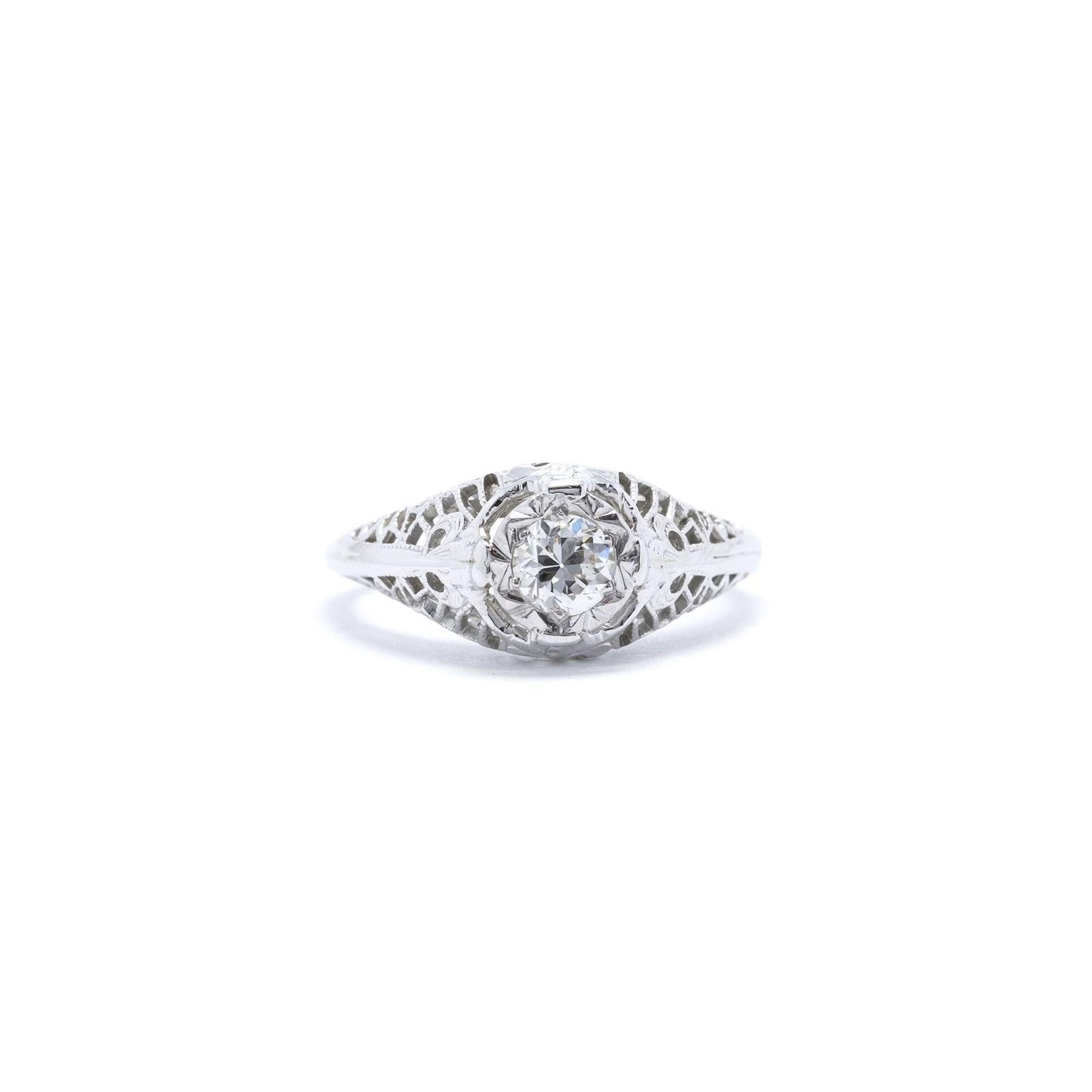 Antique 18k White Gold Filigree Solitaire Diamond Ring