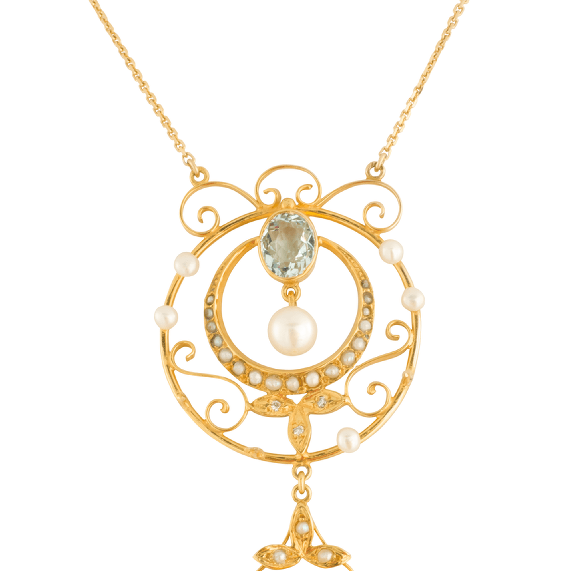 Antique Aquamarine and Seed Pearl Lavalier Necklace