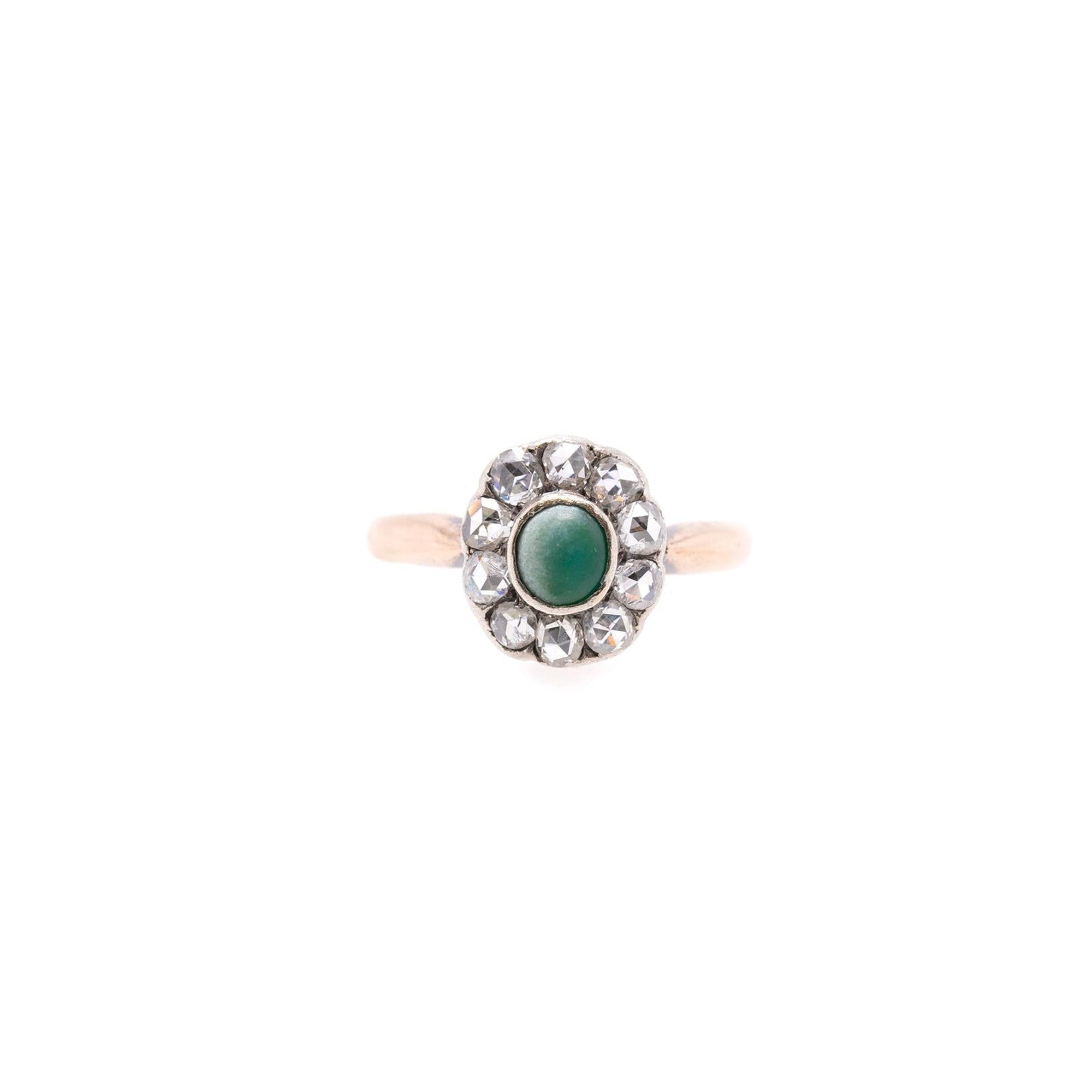 Antique Art Deco 14k Gold Green Agate & Diamond Cocktail Ring