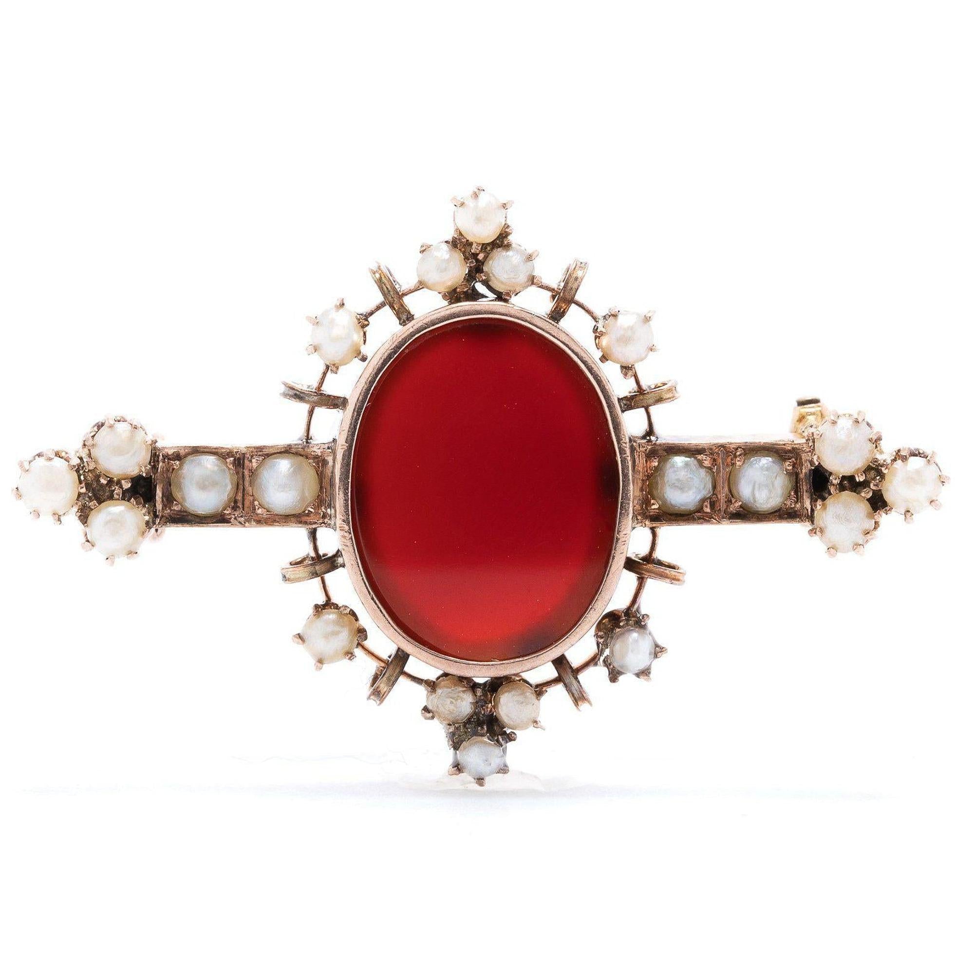 Antique Art Deco Carnelian & Seed Pearl Brooch