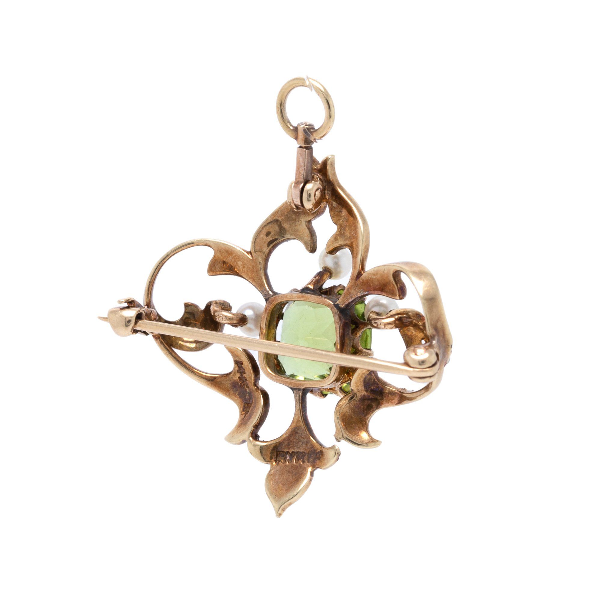 Antique Art Deco Peridot & Seed Pearl Brooch/Pendant