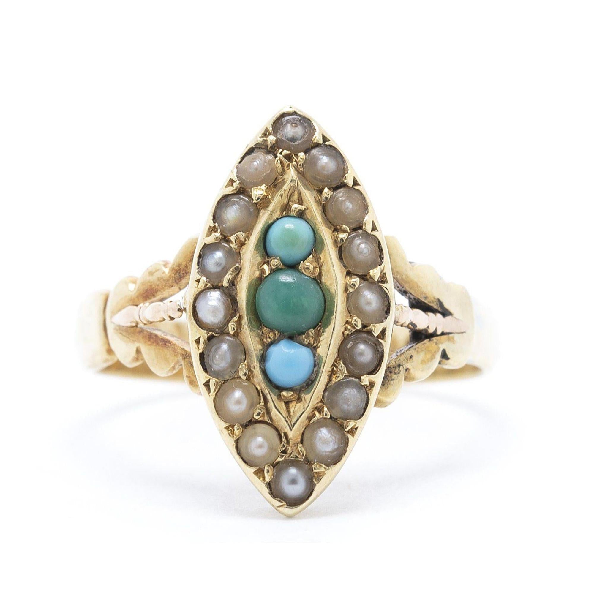 Antique Art Deco Turquoise and Seed Pearl Ring