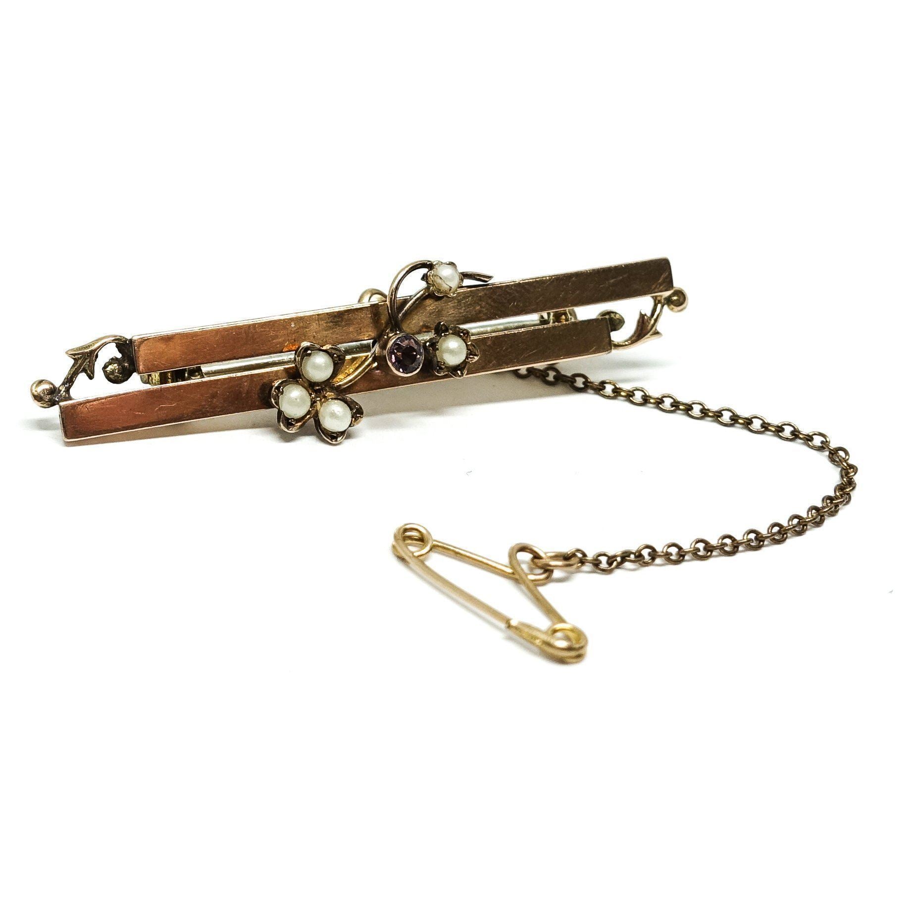 Antique Bar Brooch with Amethyst and Seed Pearl