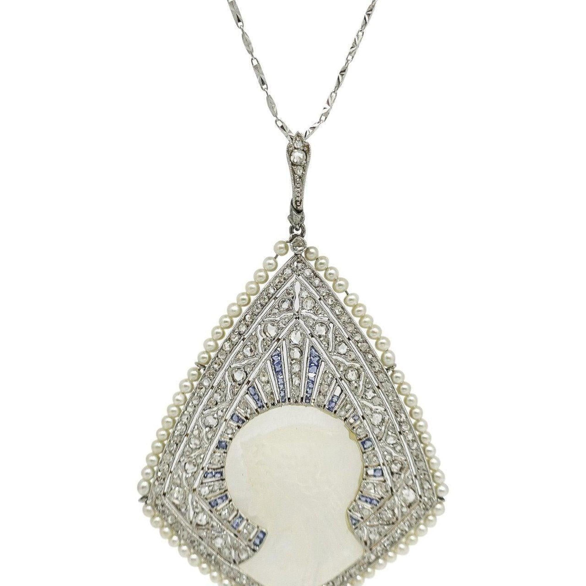 Antique Carved Mother of Pearl and Diamond Pendant Necklace