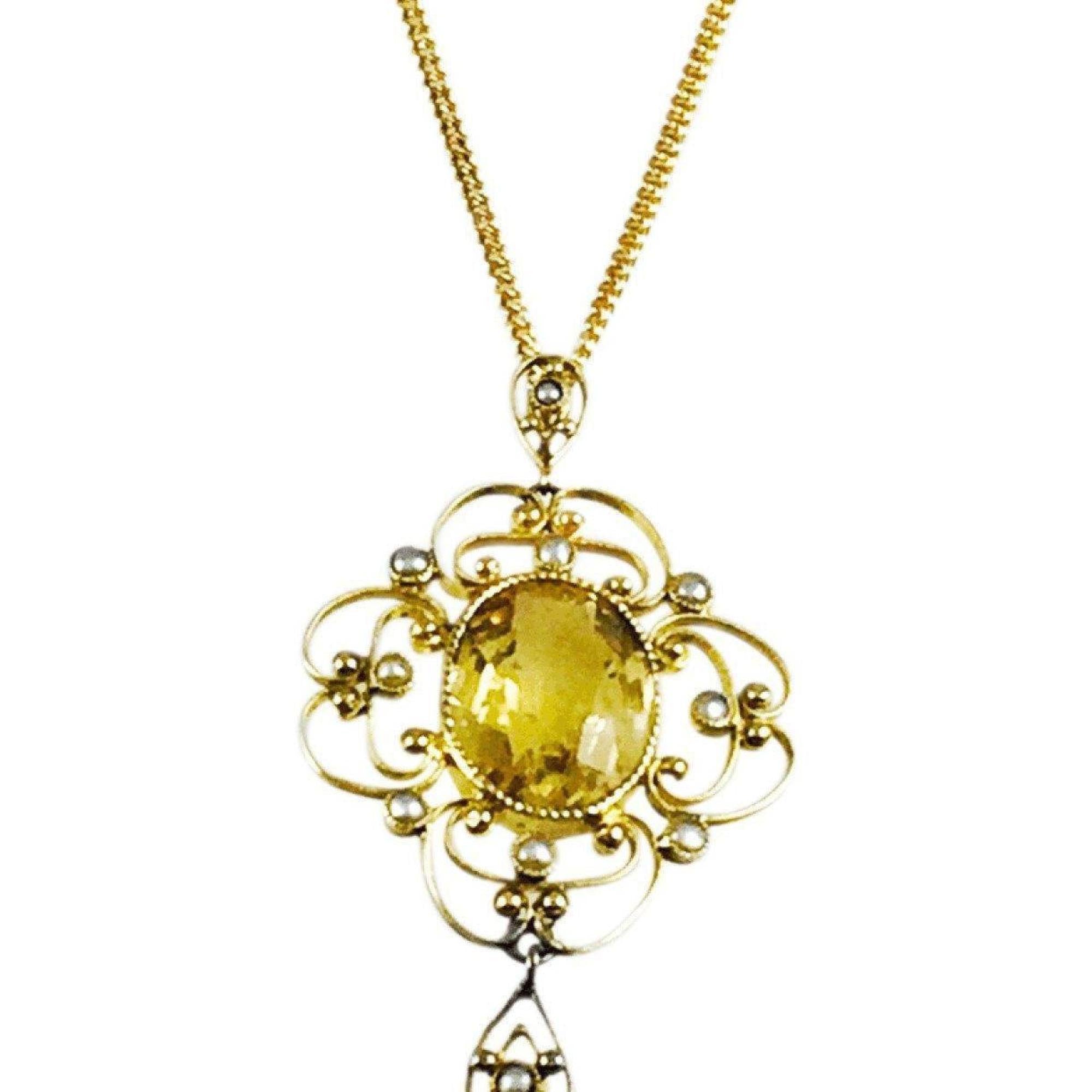 Antique Citrine Quartz and Seed Pearl Pendant Necklace
