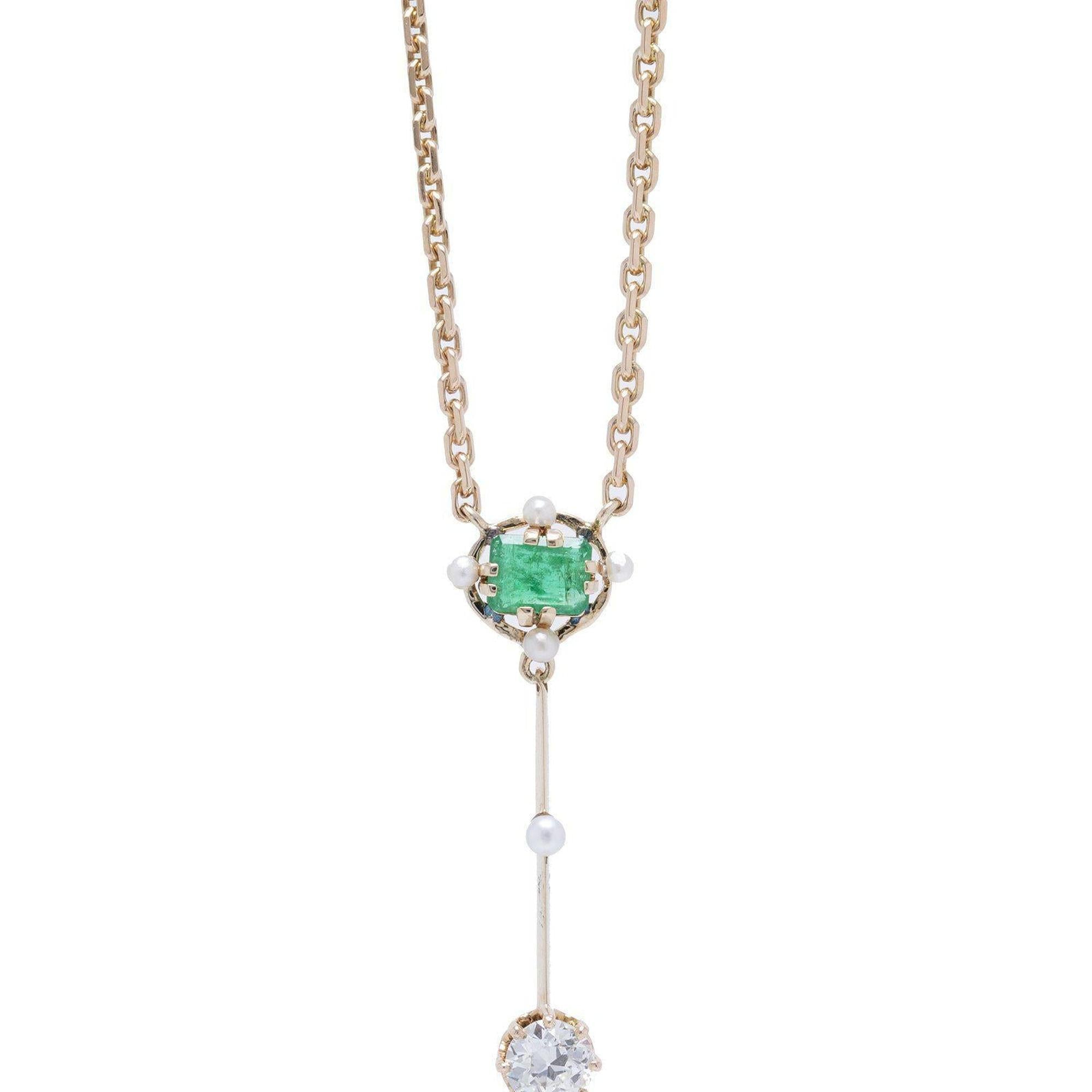 Antique Emerald and Diamond Lariat Necklace