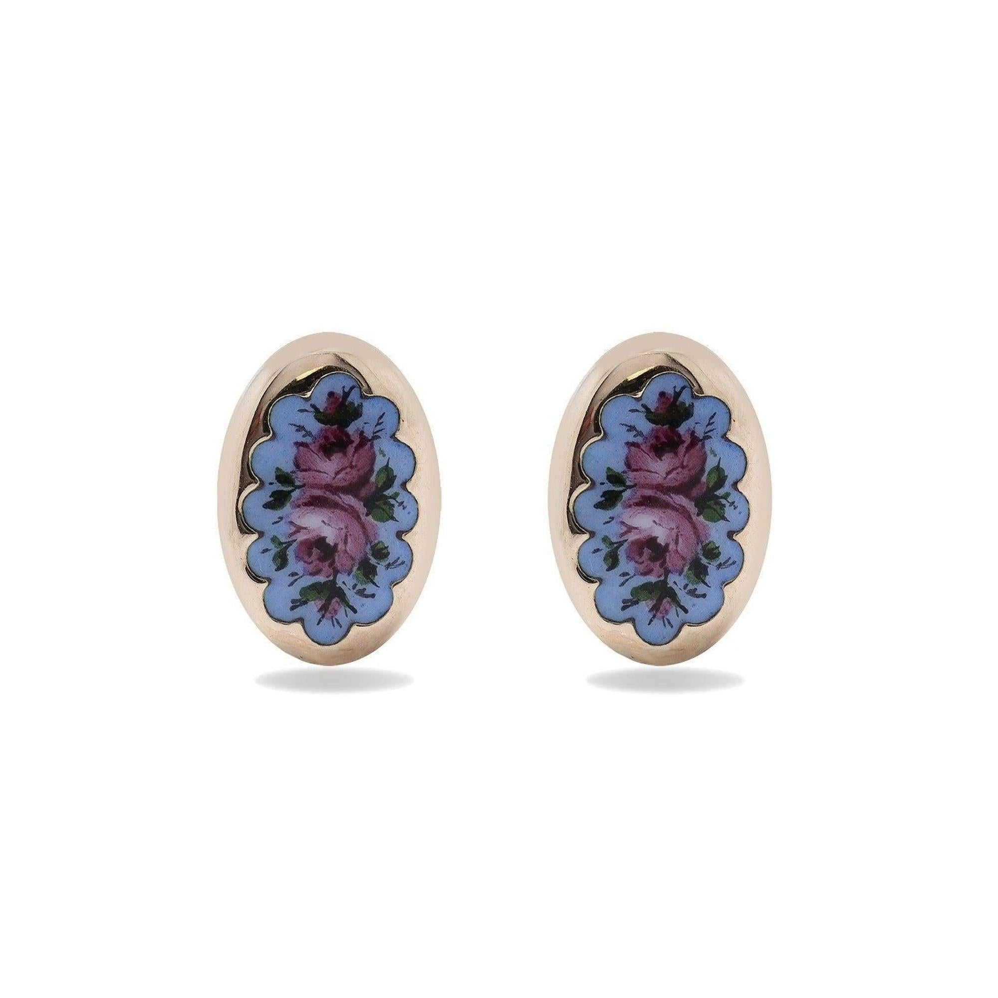 Antique Floral Design Enamel Stud Earrings