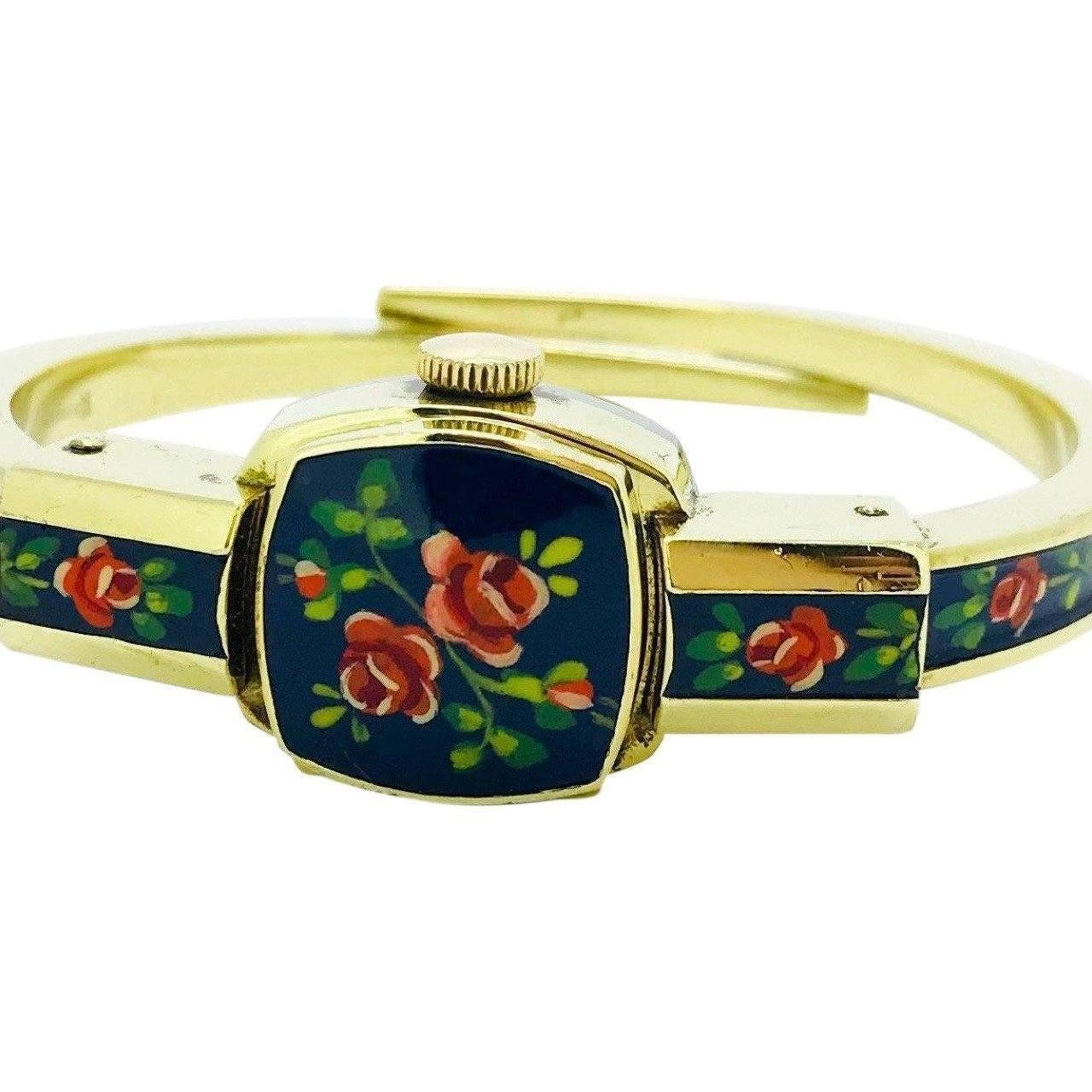 Antique Gold Plated Ornata Bangle Watch with Enamel Finish