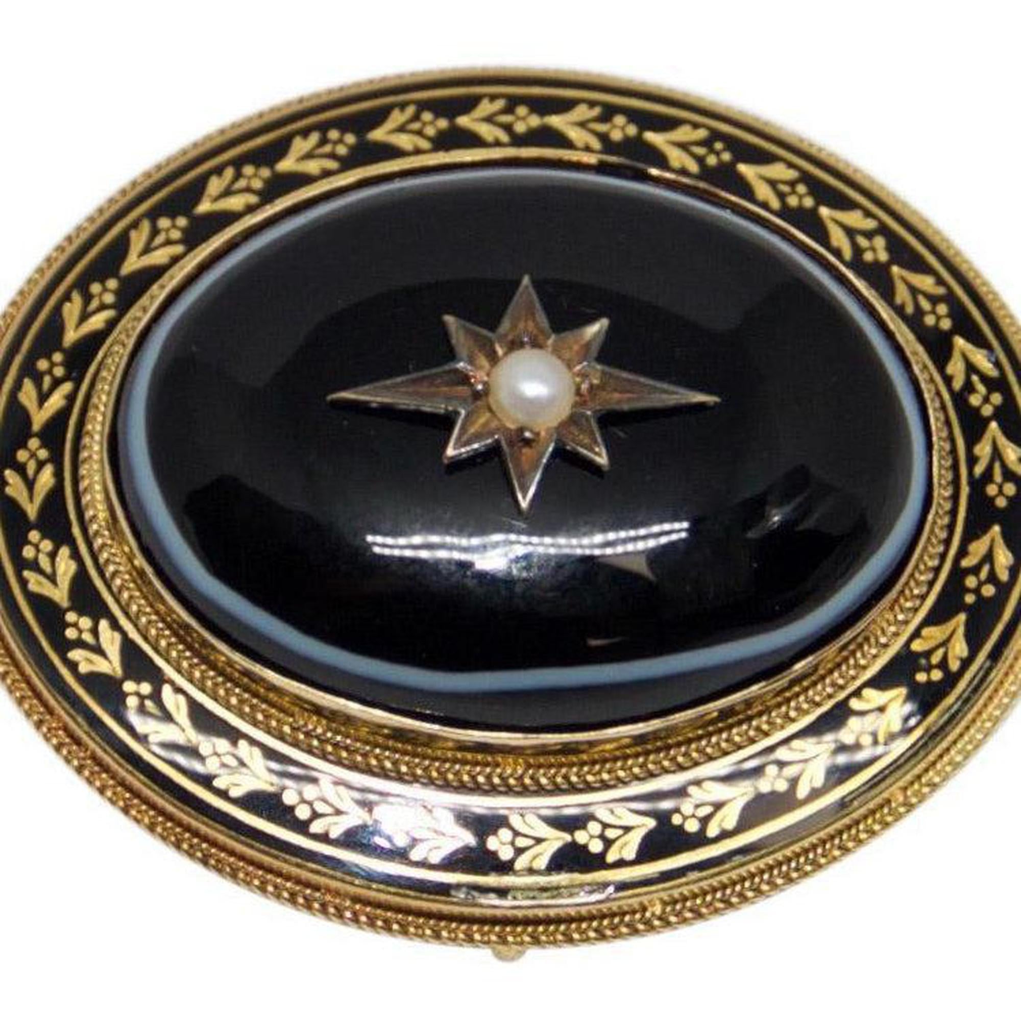 Antique Oval Brooch with Black Enamel and Cabochon Onyx