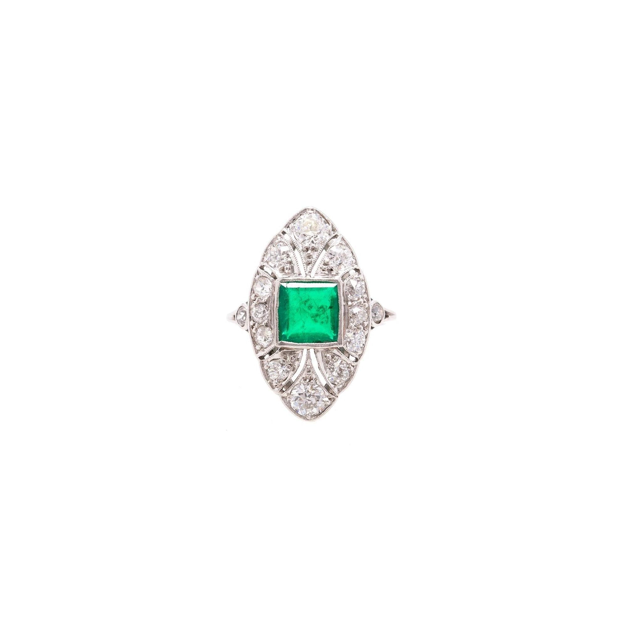 Antique Platinum Emerald and Diamond Cocktail Ring