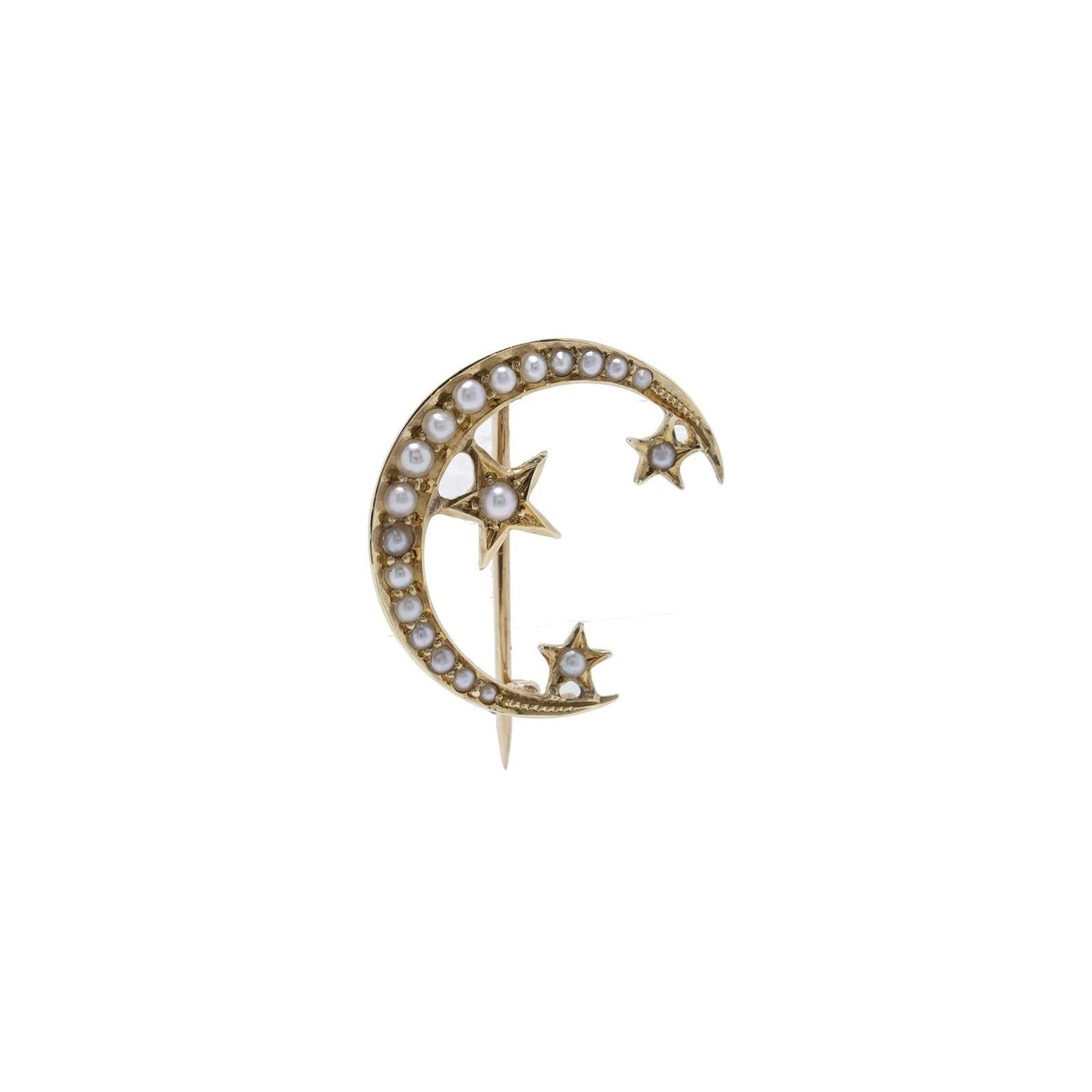 Antique Seed Pearl Moon-Star Brooch