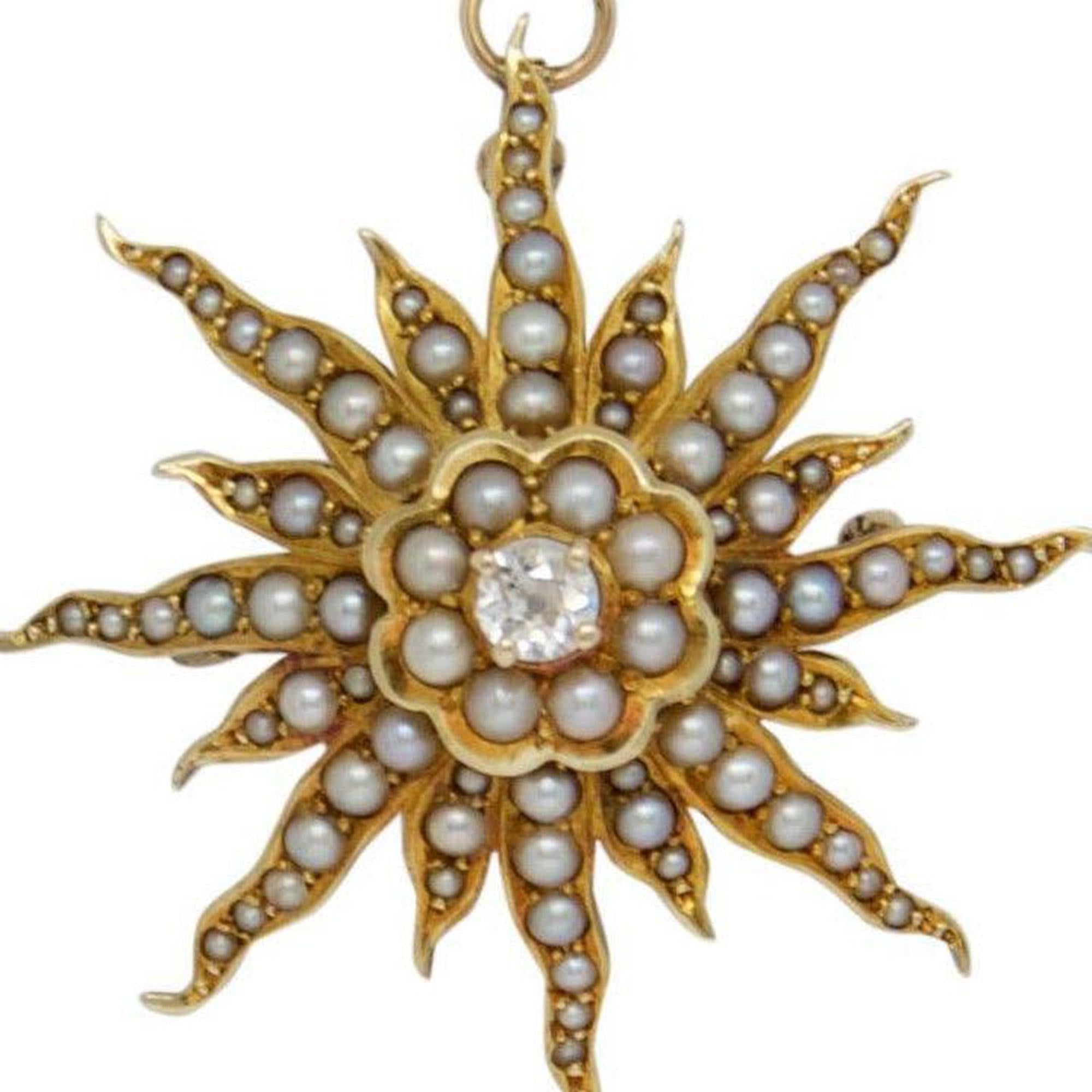 Antique Seed Pearl and Diamond Starburst Brooch/Pendant