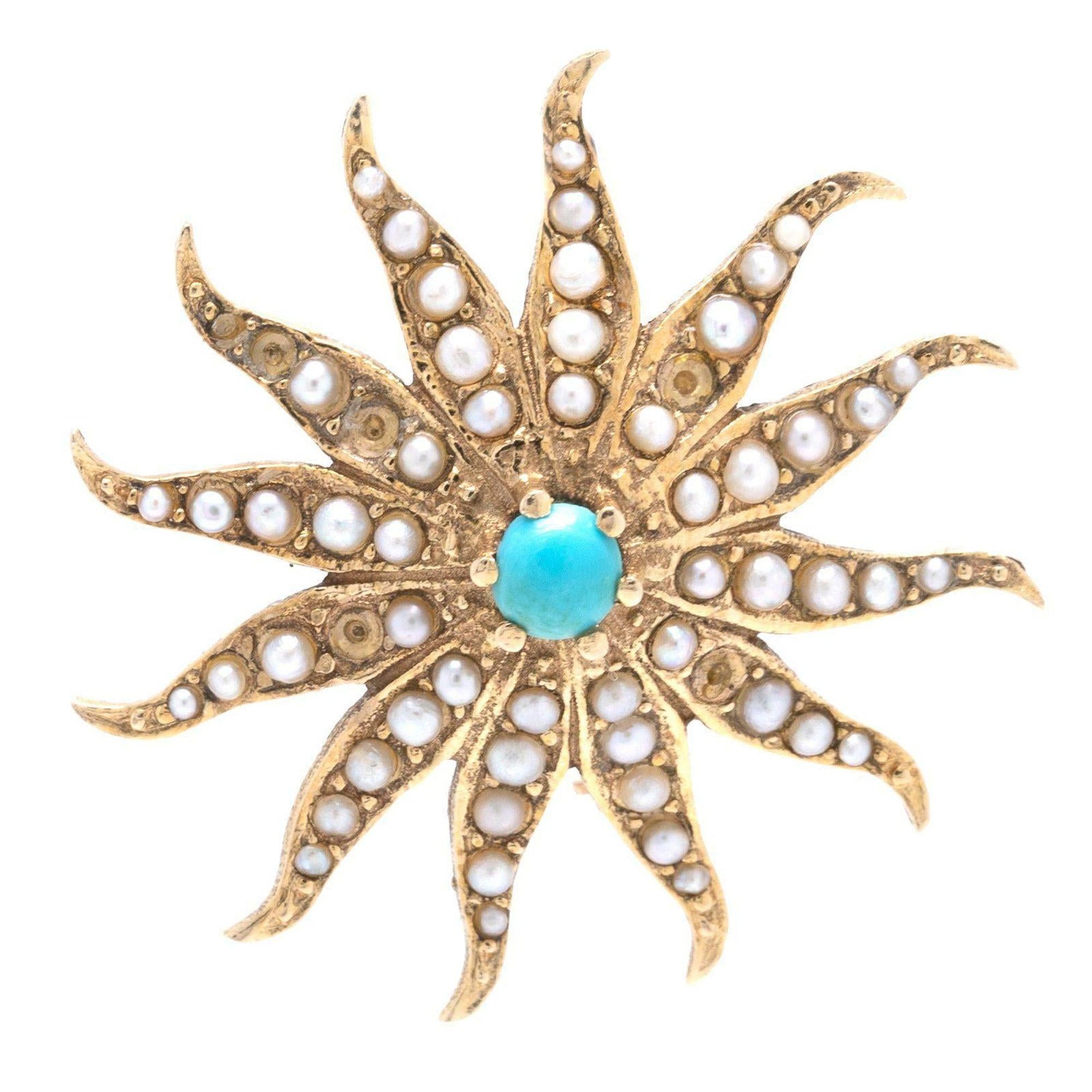Antique Starburst Brooch with Turquoise & Seed Pearls