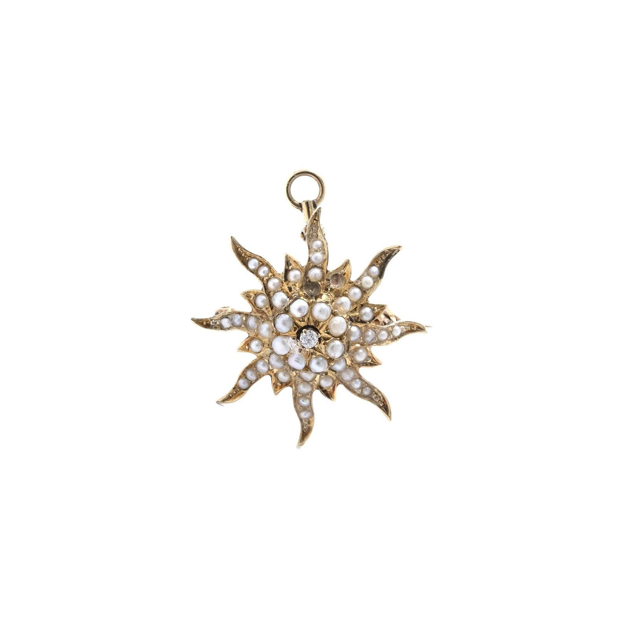 Antique Sunburst Seed Pearl and Diamond Brooch/Pendant