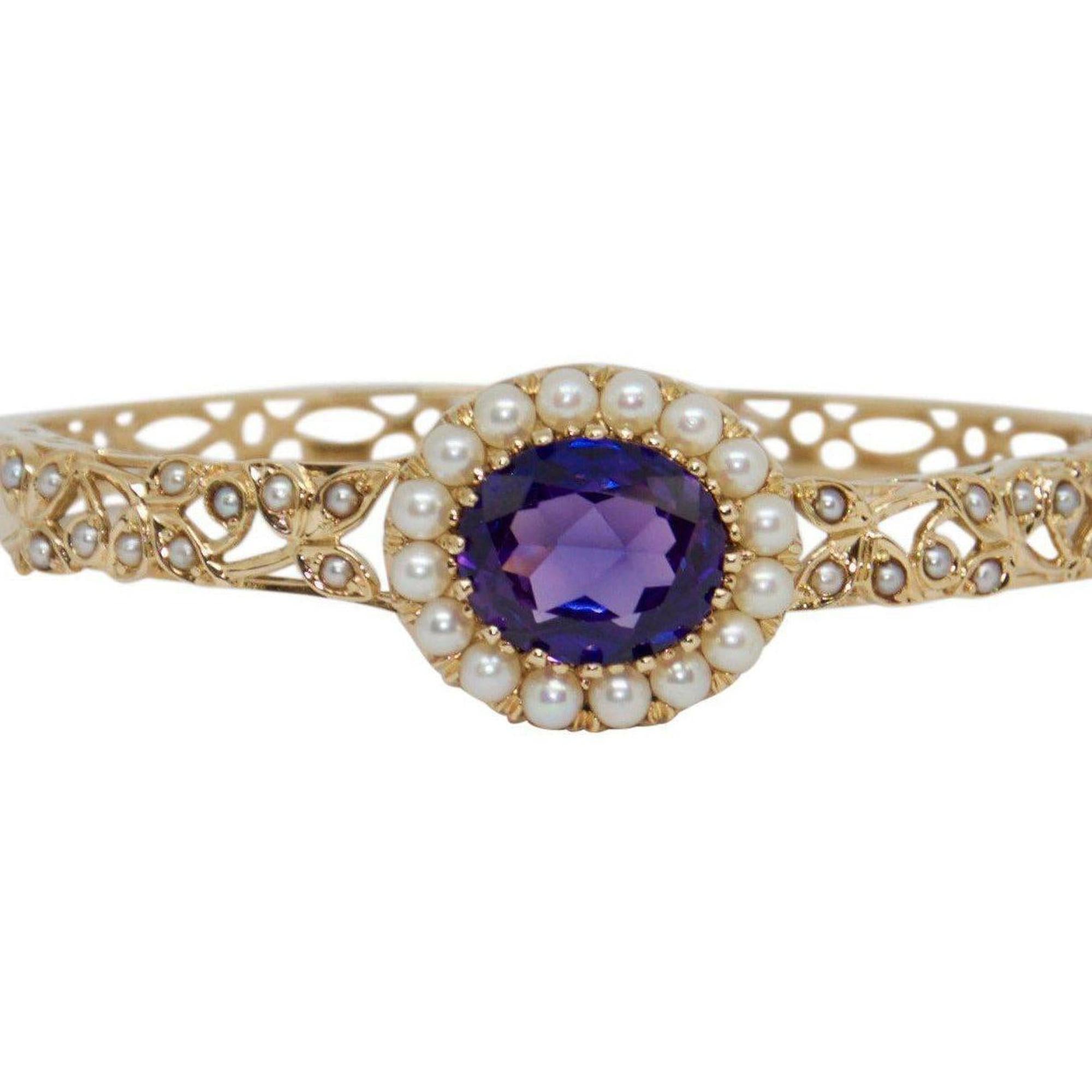 Antique Synthetic Purple Sapphire and Seed Pearl Bangle Bracelet