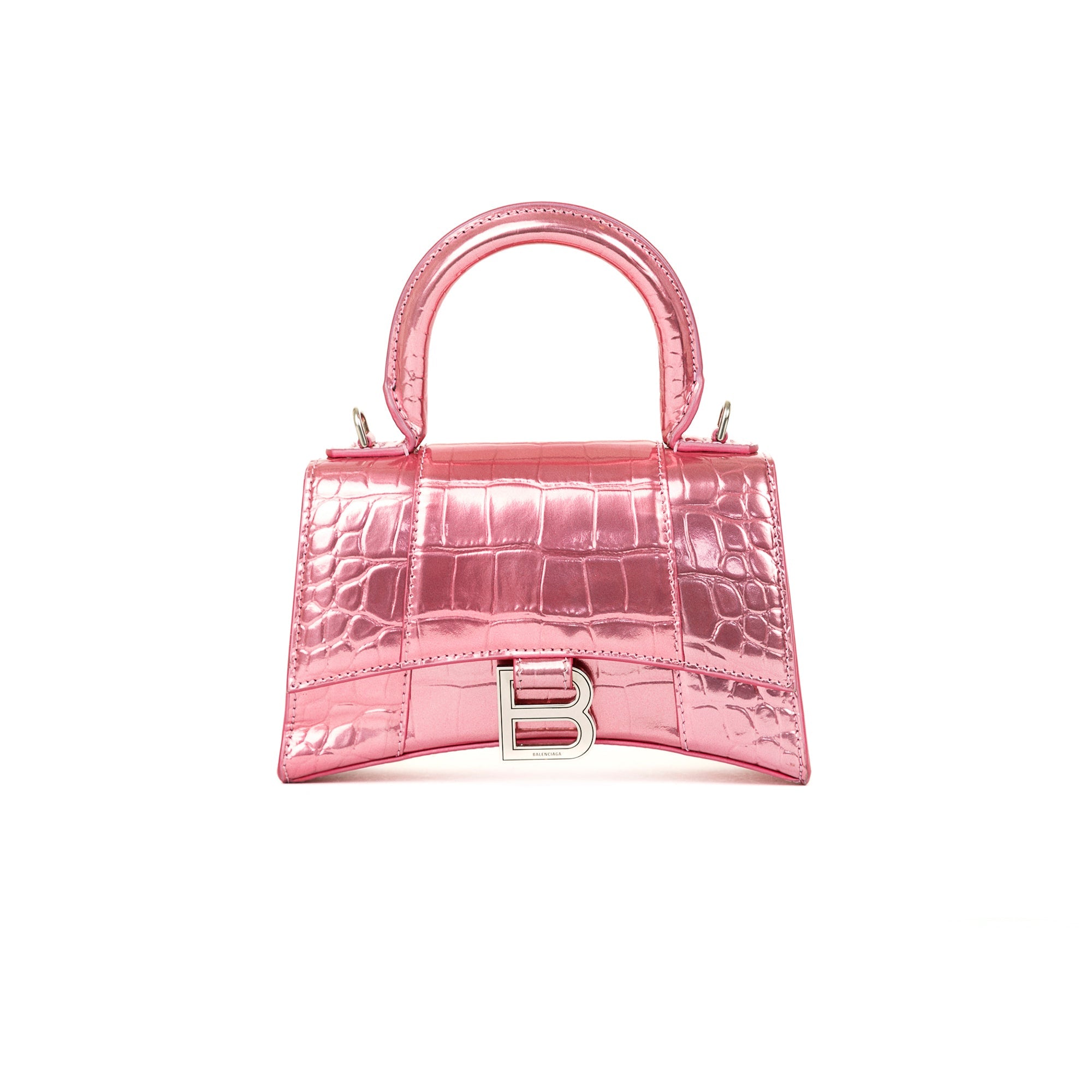 Balenciaga Pink Metallic Croc-Embossed Hourglass XS Top Handle Bag w/ Strap