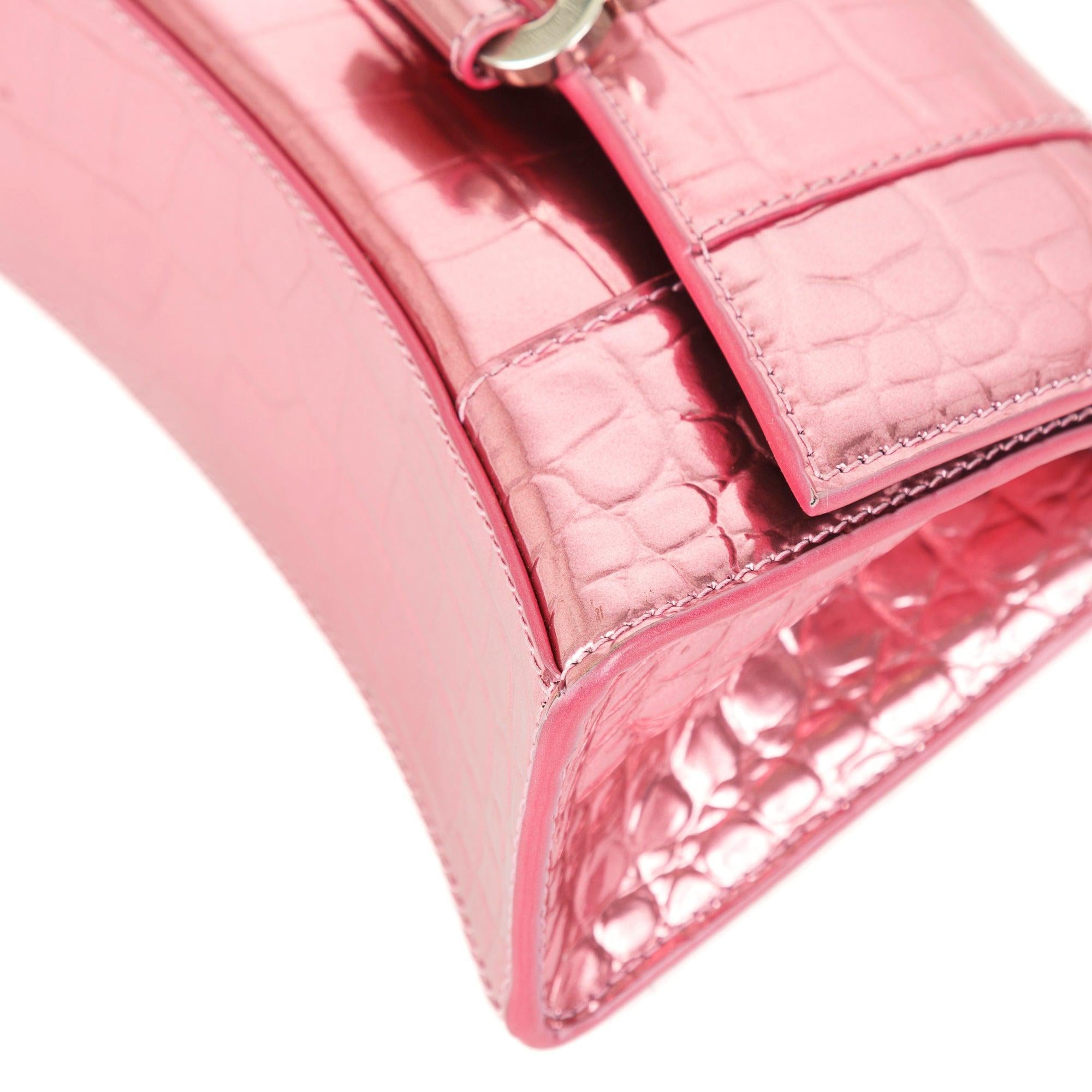 Balenciaga Pink Metallic Croc-Embossed Hourglass XS Top Handle Bag w/ Strap