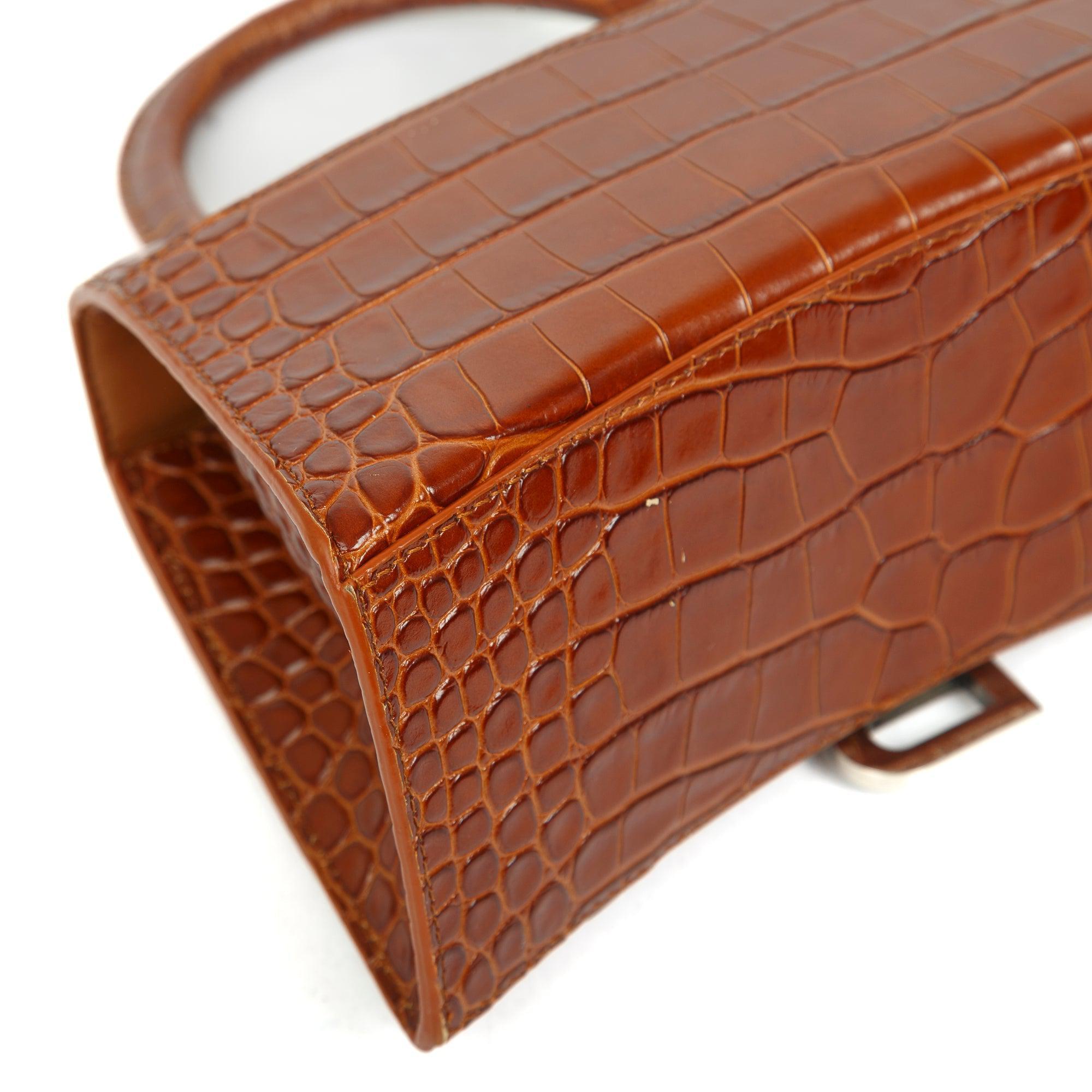 Balenciaga Small Brown Croc-Embossed Hourglass Top Handle Bag W/ Strap