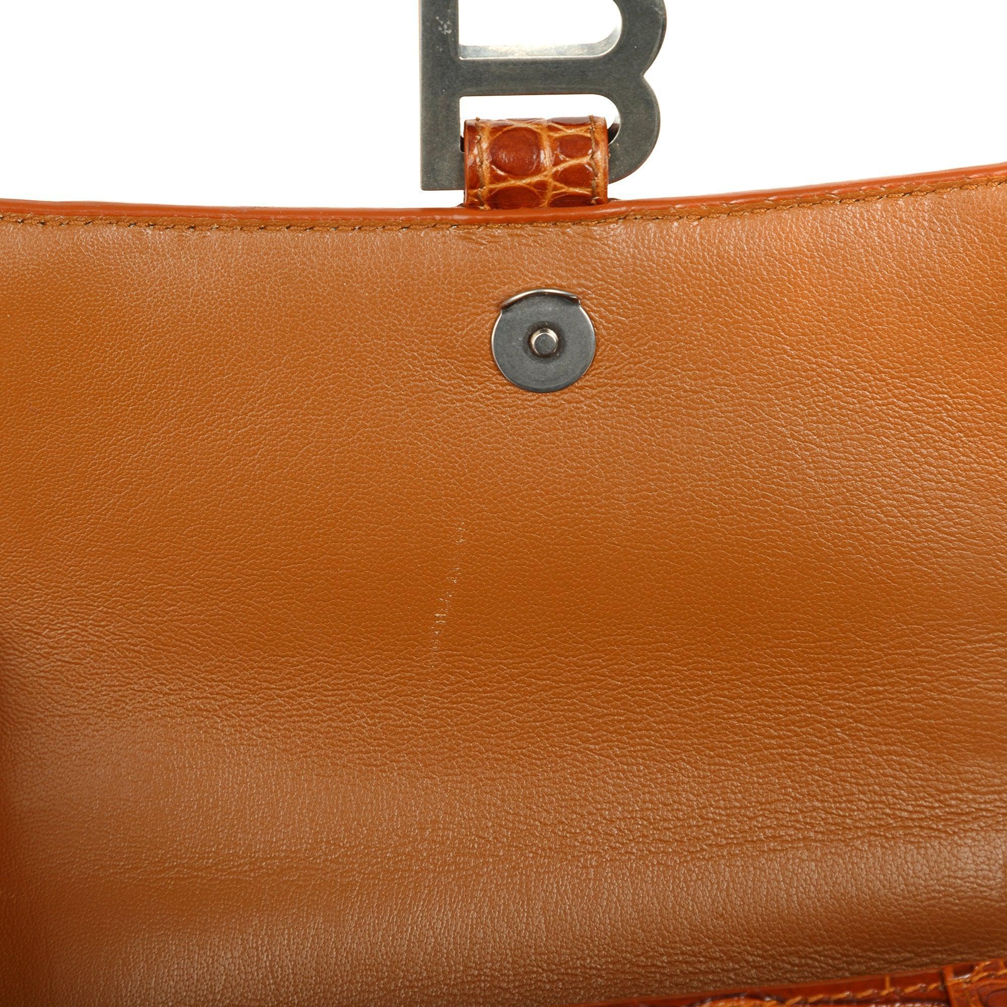 Balenciaga Small Brown Croc-Embossed Hourglass Top Handle Bag W/ Strap