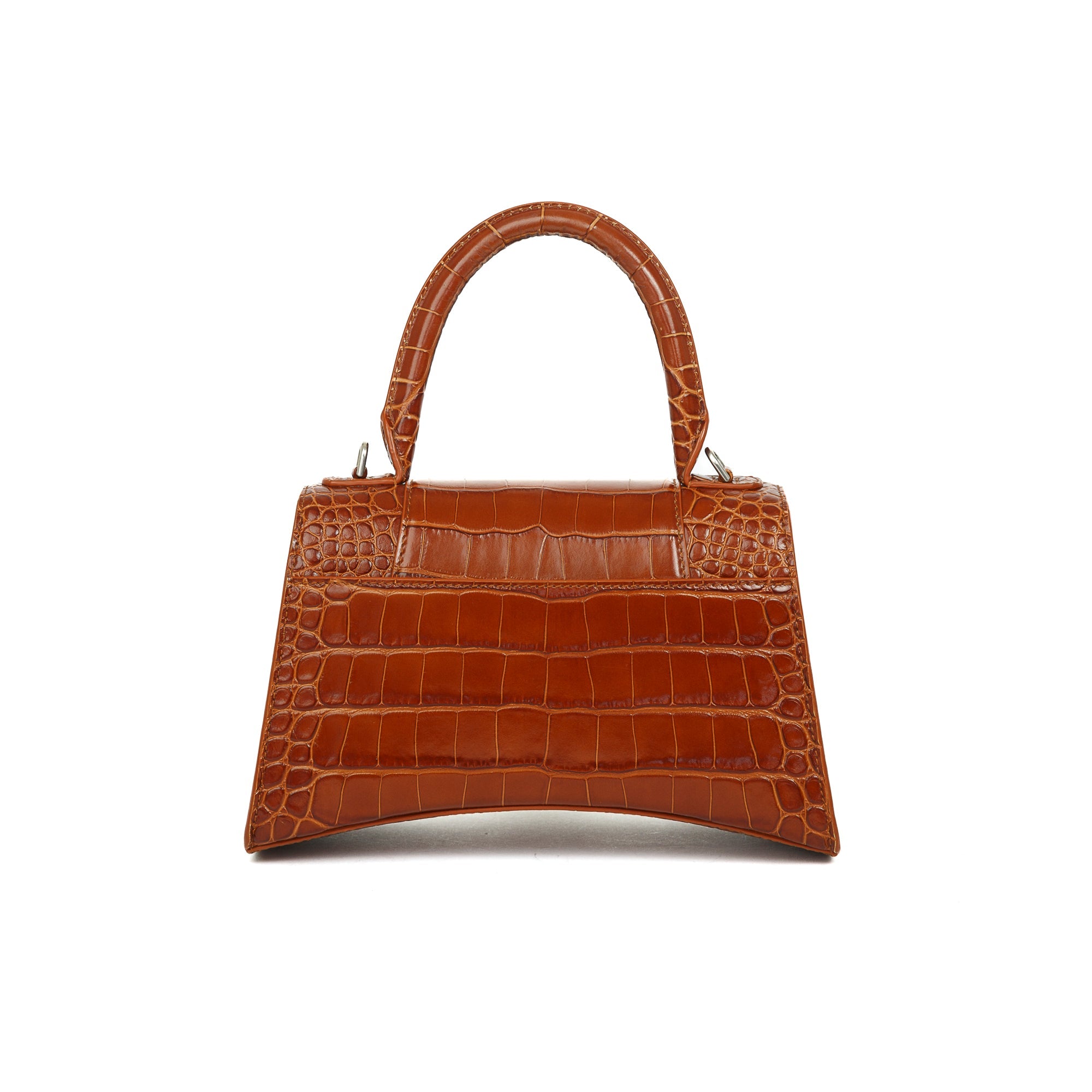 Balenciaga Small Brown Croc-Embossed Hourglass Top Handle Bag W/ Strap