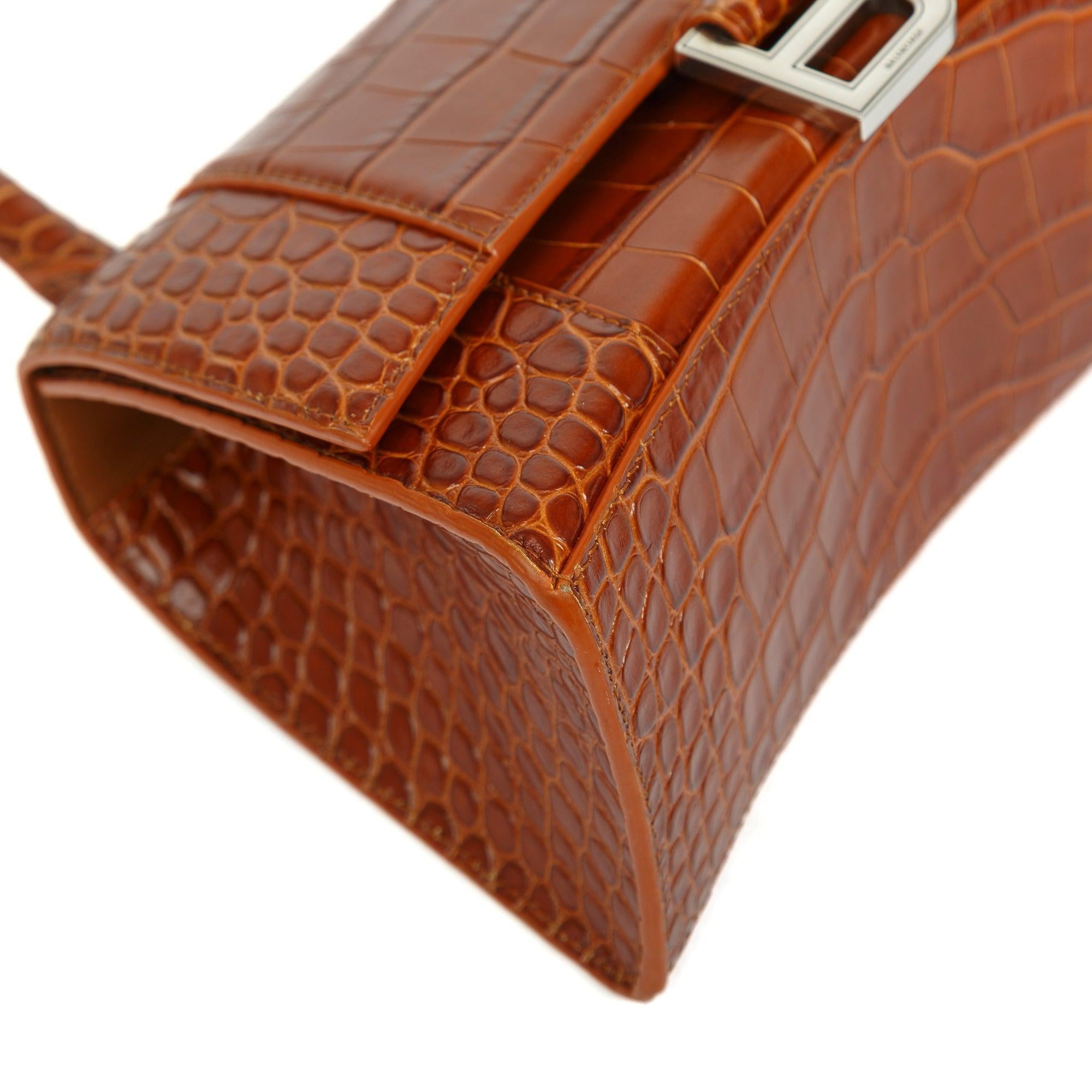 Balenciaga Small Brown Croc-Embossed Hourglass Top Handle Bag W/ Strap