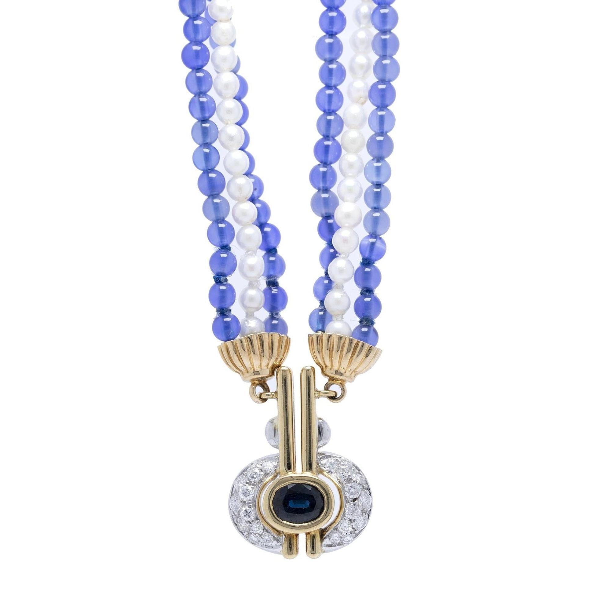 Blue Sapphire & Diamond Pendant Pearl & Bead Necklace