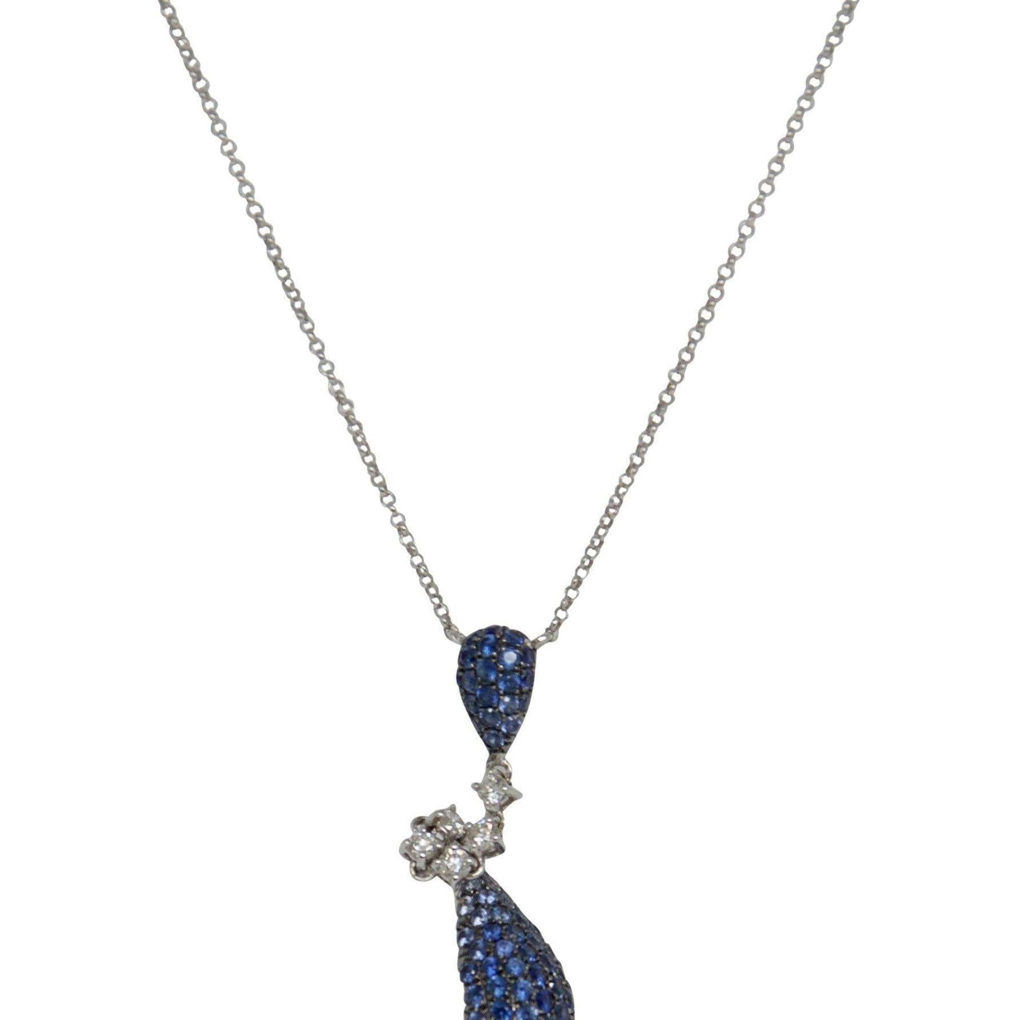 Blue Sapphire and Diamond Drop Pendant Necklace