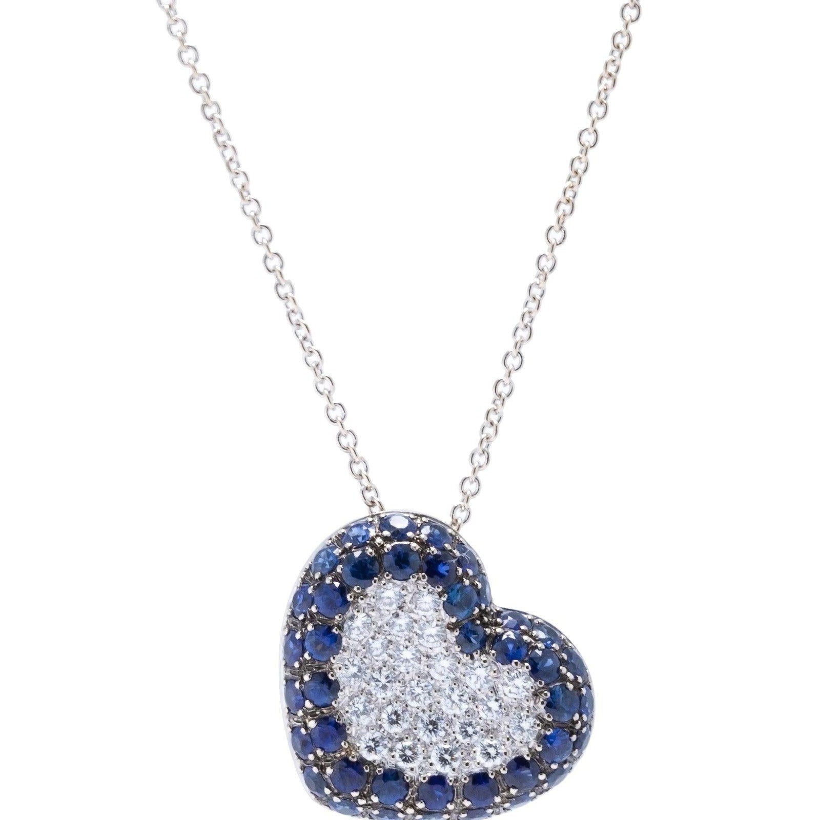 Blue Sapphire and Diamond Heart Pendant Necklace
