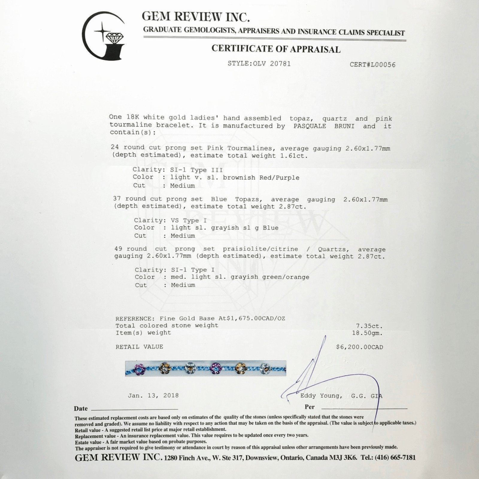 Blue Topaz, Pink Tourmaline, Prasiolite, and Citrine Bracelet in 18kt White Gold