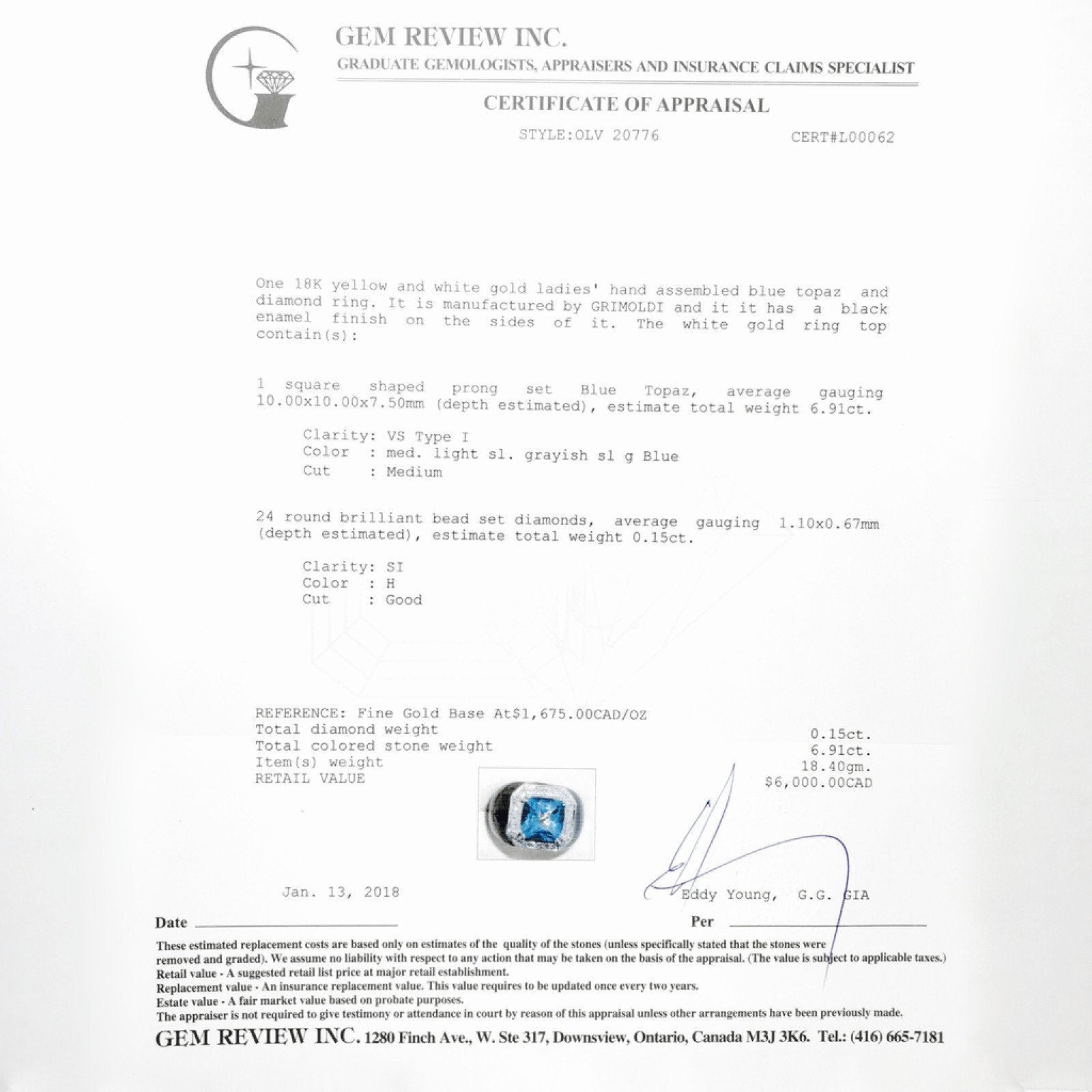 Blue Topaz and Diamond Ring in 18kt Yellow and White Gold with Black Enamel Finish