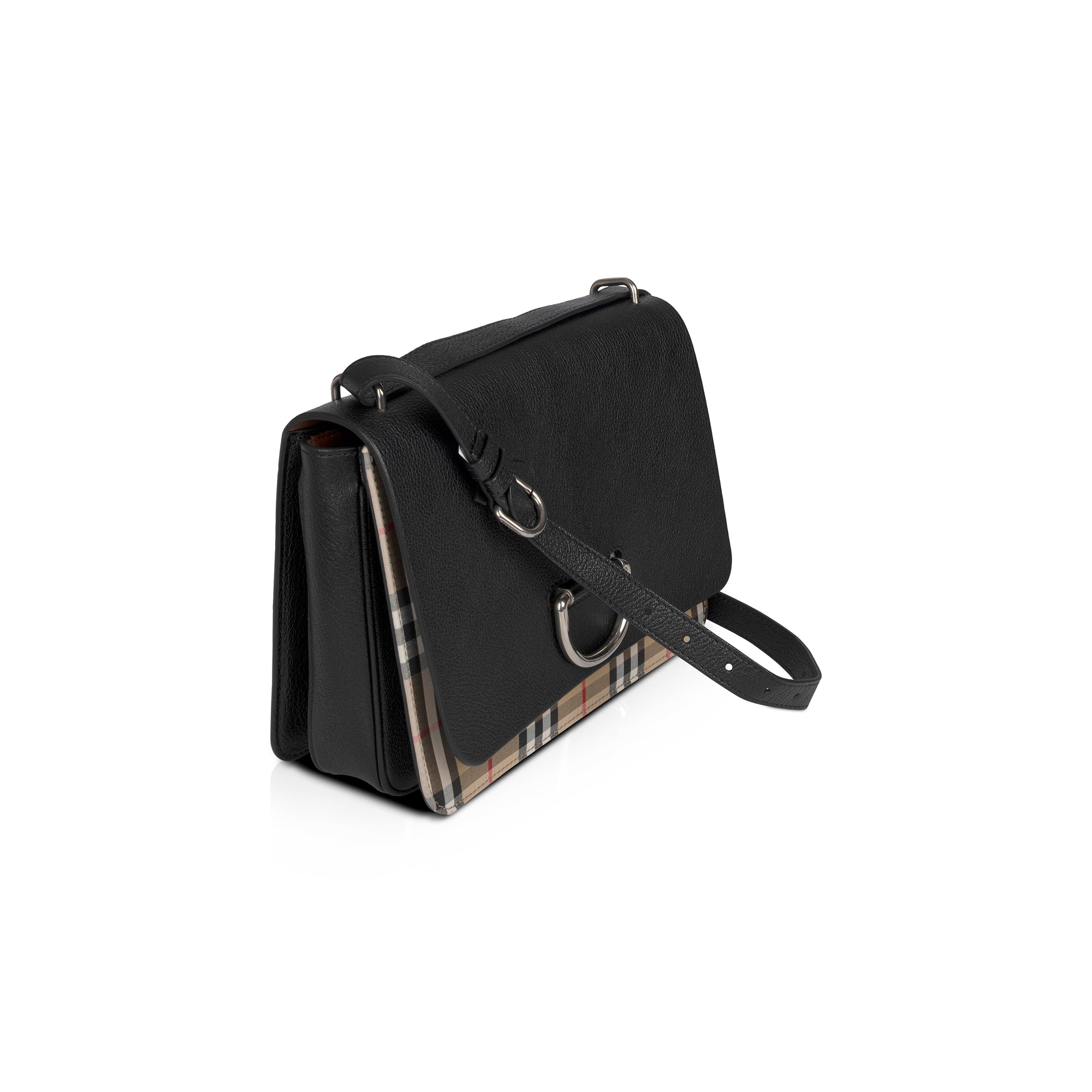 Burberry Vintage Check Canvas & Black Leather Medium D-Ring Shoulder Bag