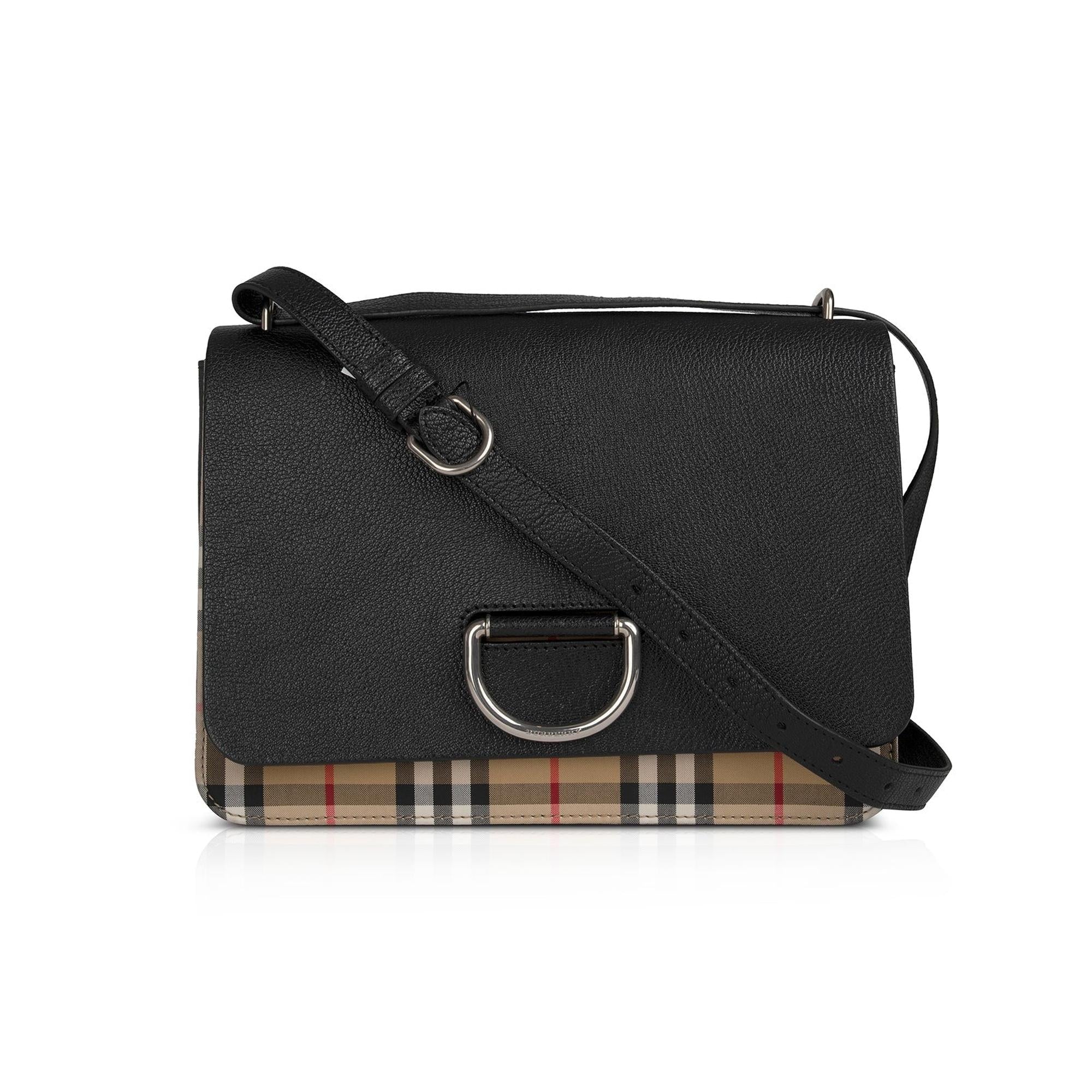 Burberry Vintage Check Canvas & Black Leather Medium D-Ring Shoulder Bag