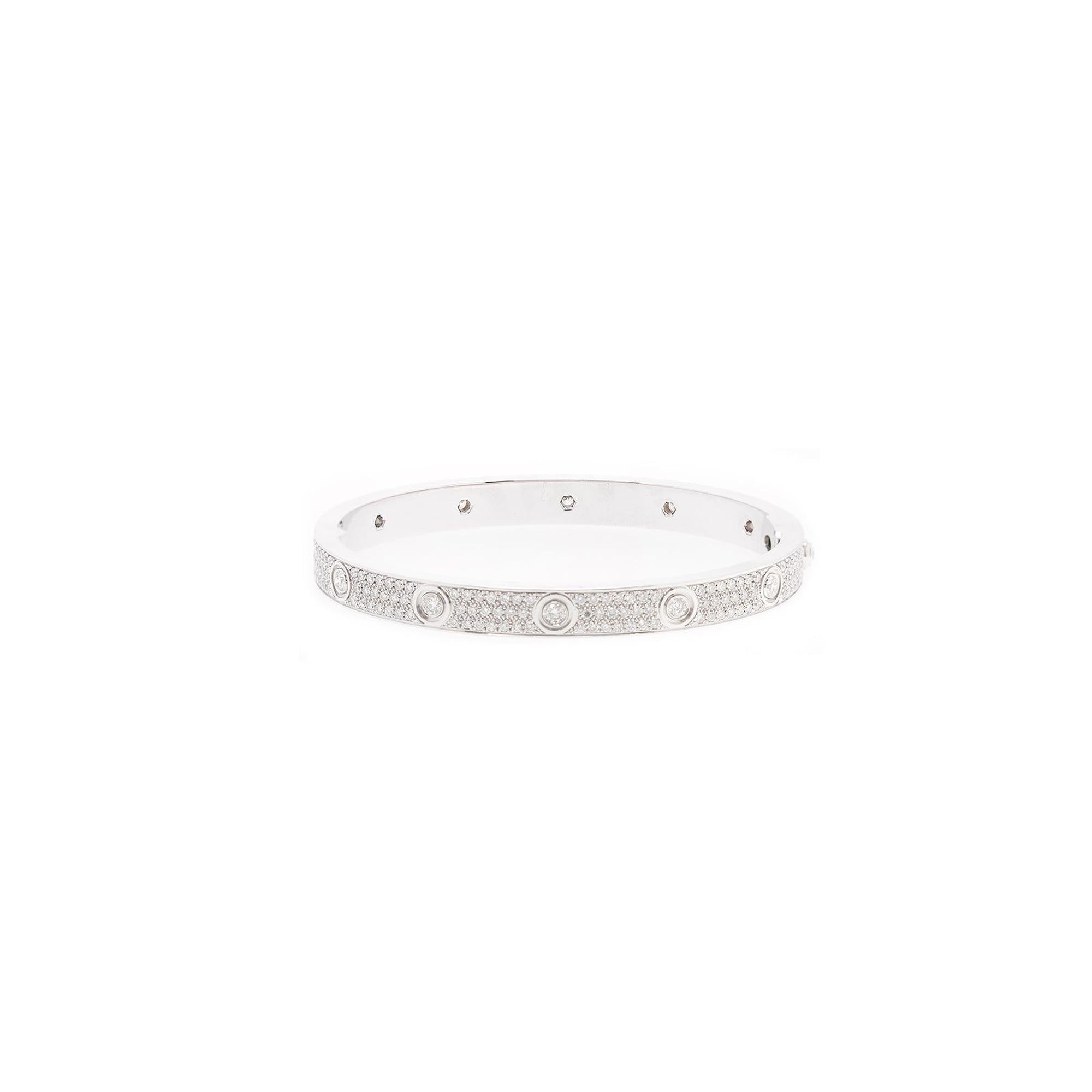 Cartier 18k White Gold Paved Diamond Love Bracelet w/ Box, Receipt & Certificate