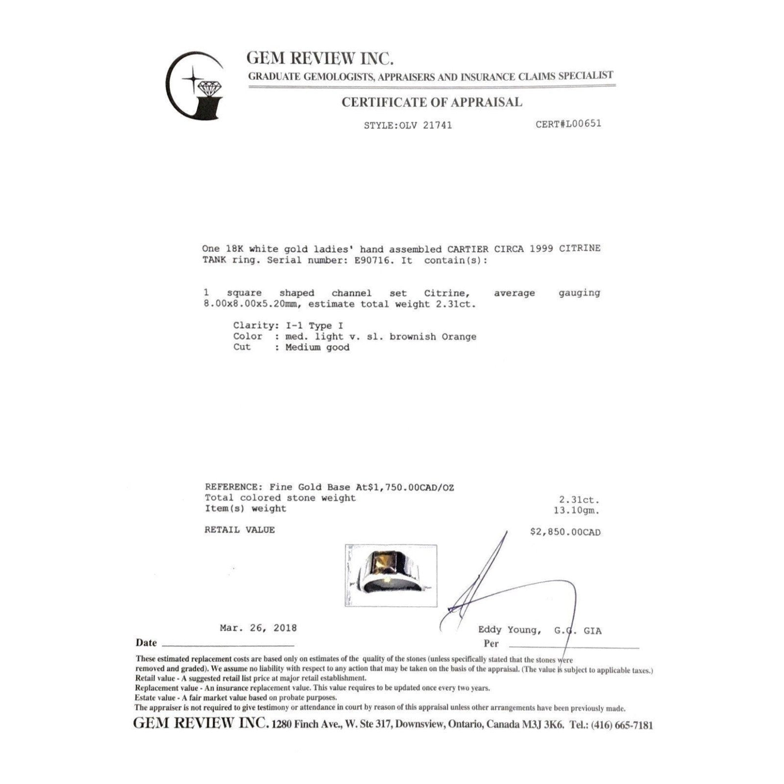 Cartier Circa 1999 Citrine Tank Ring