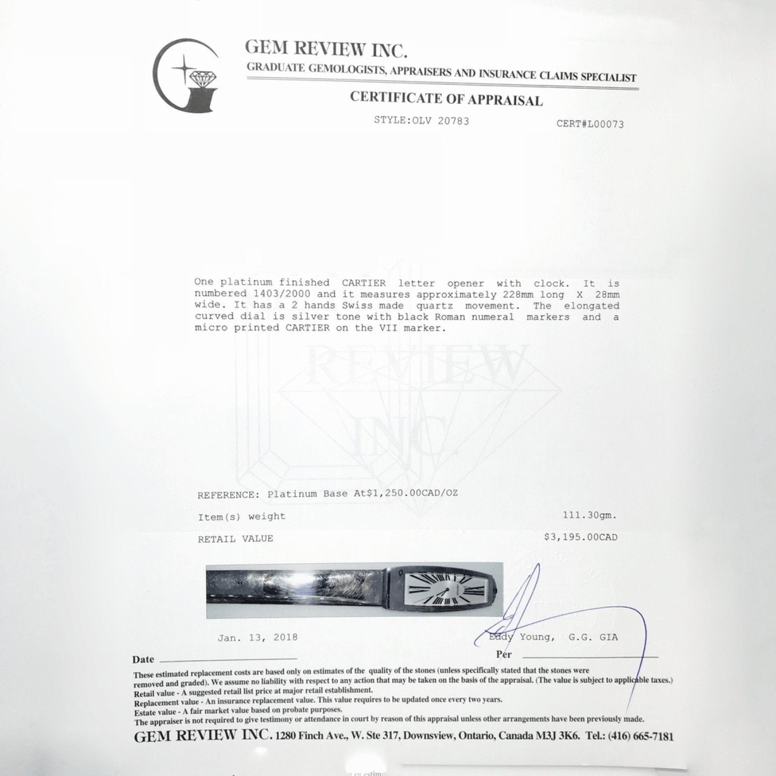 Cartier Letter Opener Clock with Platinum FInish