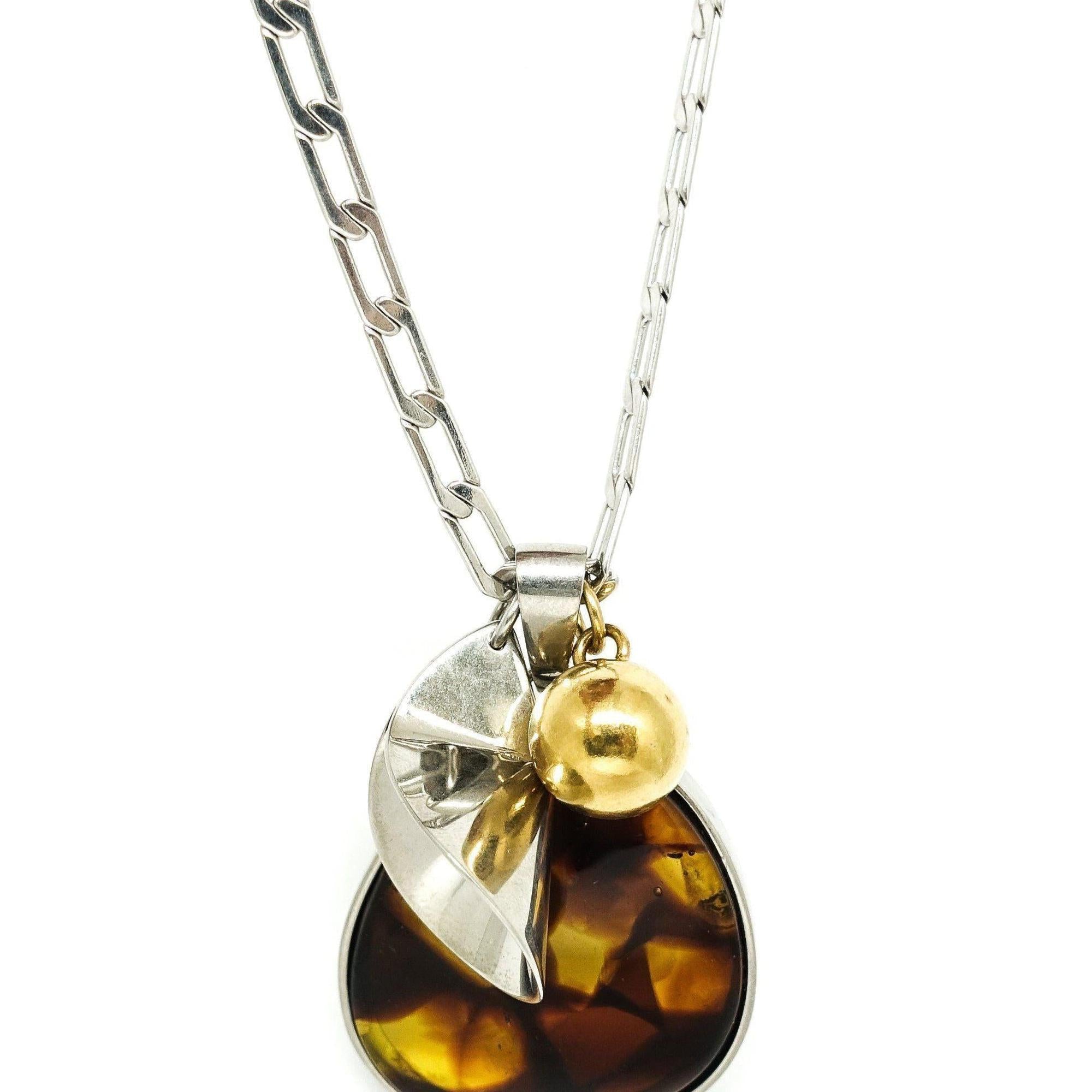 Celine Round Amber Pendant Necklace in Brass
