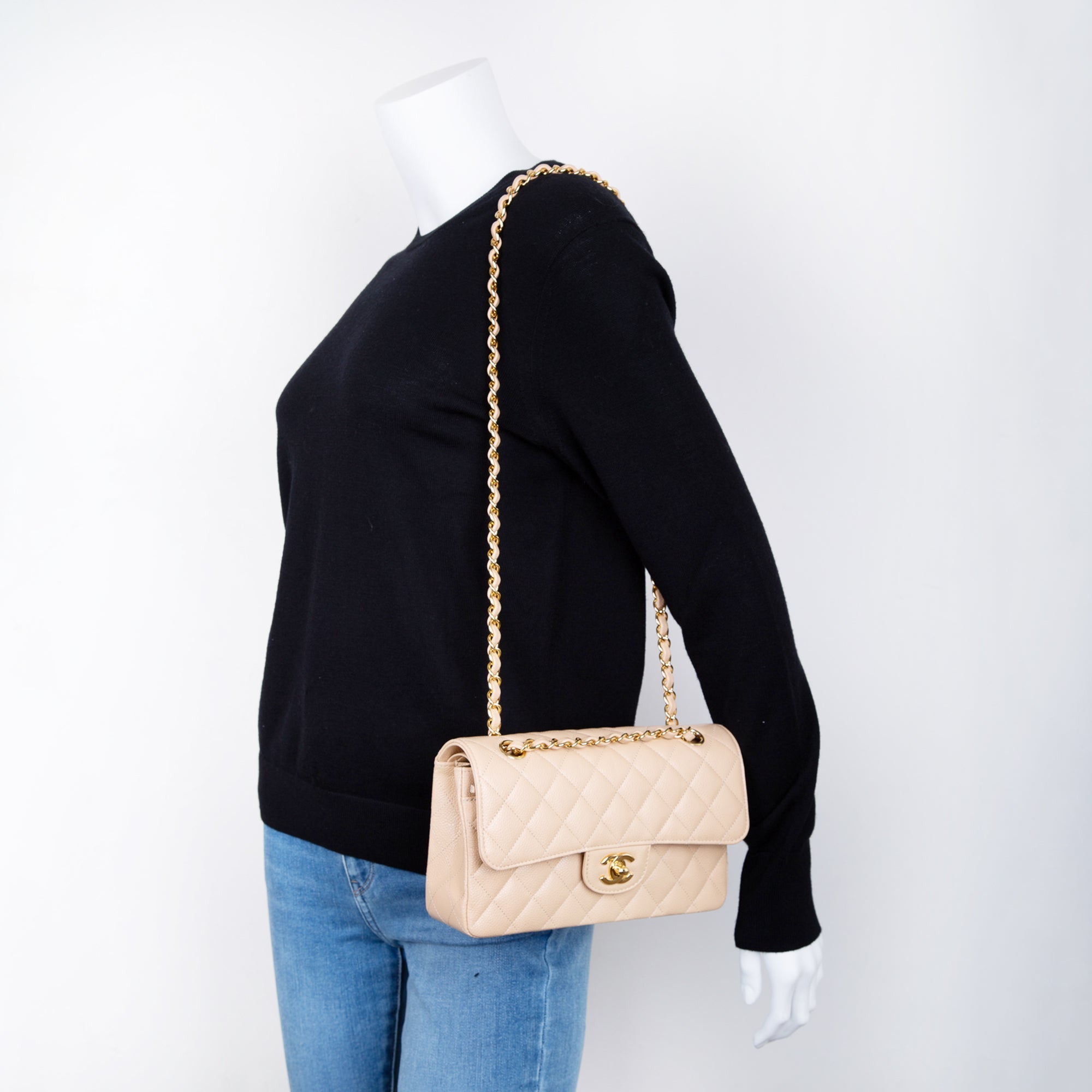 Chanel 2020 Beige Caviar Small Classic Double Flap Bag w/ Box & Authenticity Card