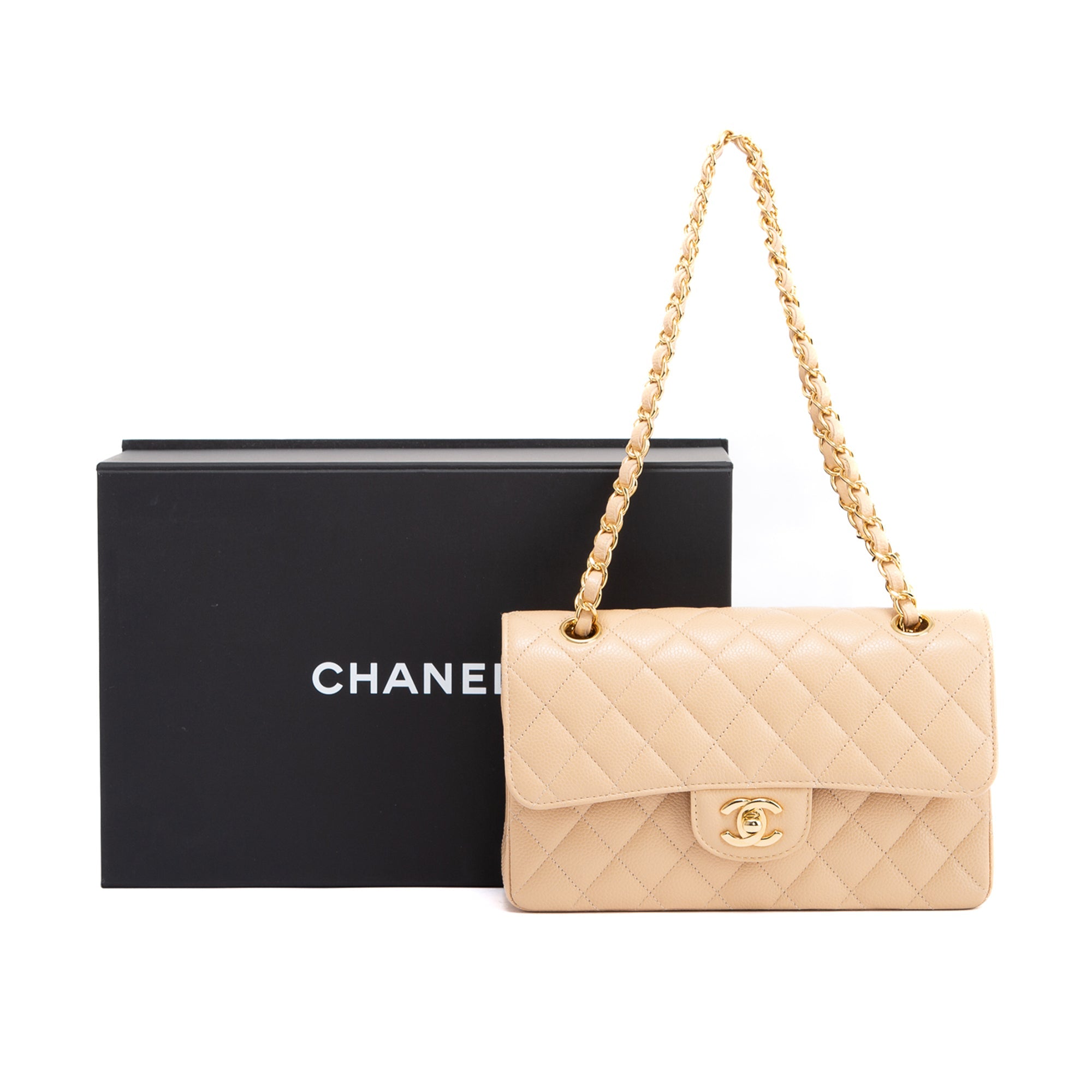 Chanel 2020 Beige Caviar Small Classic Double Flap Bag w/ Box
